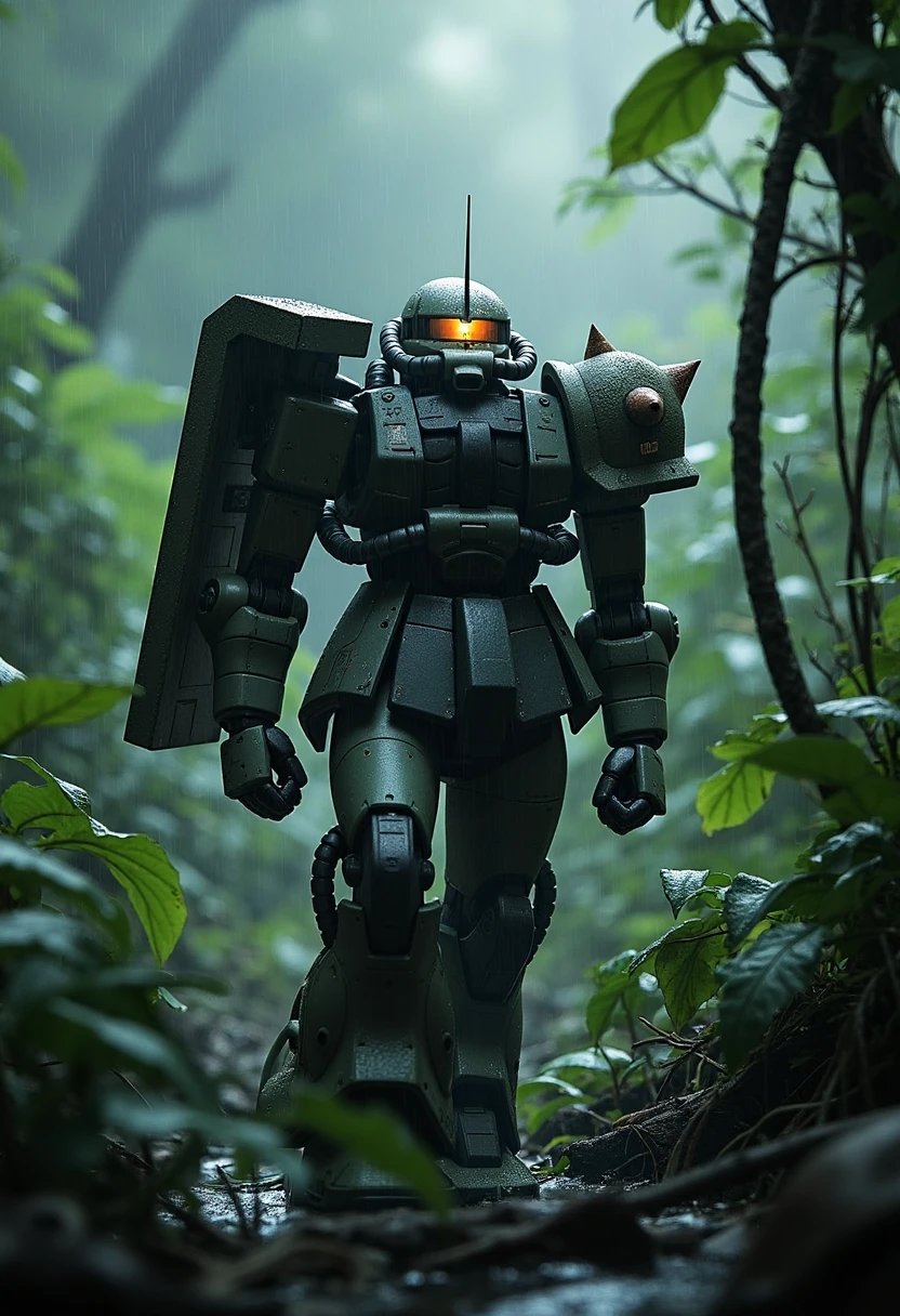 zaku,In a dense, rain-soaked jungle, the woman in the Zaku suit trudges through thick foliage. Raindrops streak down her armor, the muted sound of water hitting metal echoing around her. Her glowing visor cuts through the mist, a beacon of technology in the heart of untamed nature the shoulders is with sparks,