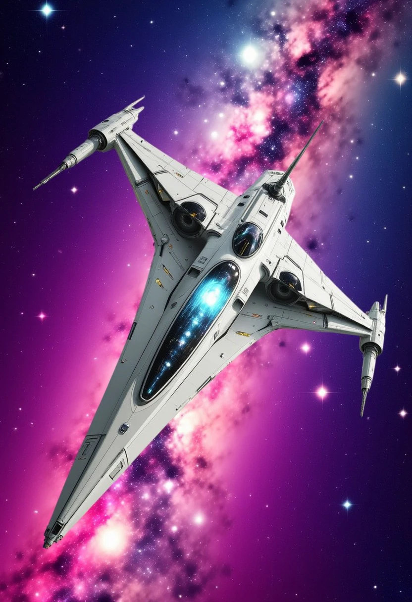 mlkwglx,  Milky Way galaxy, This is a highly detailed CGI  rendering of a futuristic spacecraft, depicted in a vibrant, space-themed background. The spacecraft is a sleek, advanced fighter jet-like design with a white, metallic exterior, featuring numerous intricate details and technological elements. The nose of the ship is pointed and aerodynamic, with a large, circular cockpit window that glows with a soft blue light, suggesting advanced technology and a piloted presence. The wings and body of the spacecraft are angular and sharp, with various panels and vents that add to the high-tech appearance. The background is a swirling, colorful nebula, filled with various shades of pink, purple, and blue, giving a sense of depth and cosmic vastness. Stars of varying sizes and brightness are scattered throughout the background, adding to the celestial atmosphere. The spacecraft is positioned slightly off-center to the right, with its nose pointing upwards, suggesting motion or a maneuvering trajectory. The overall style of the image is highly polished and realistic, with a focus on the intricate design and engineering of the spacecraft, making it appear as if it could be a part of a high-budget sci-fi film or video game.