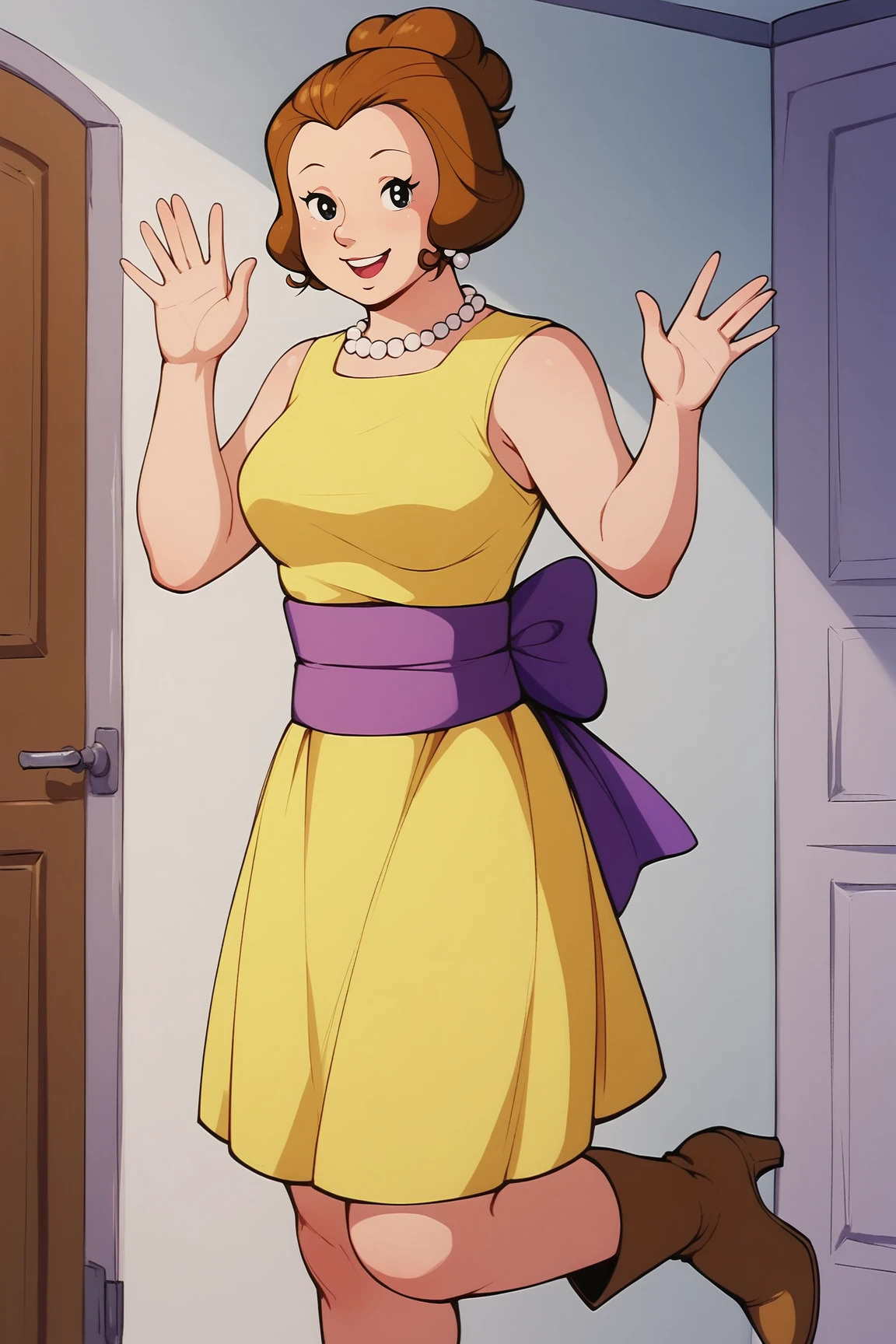 score_9, score_8_up, score_7_up, score_6_up, BREAK, KMammiMMXL, black eyes, brown hair, short hair, single hair bun, pearl necklace, medium breasts, mature female, yellow dress, sleeveless, purple sash, yellow skirt, brown boots, high heels, solo, full body, standing, waving, seductive smile, looking at viewer, indoors <lora:KMammiMMXL:1>