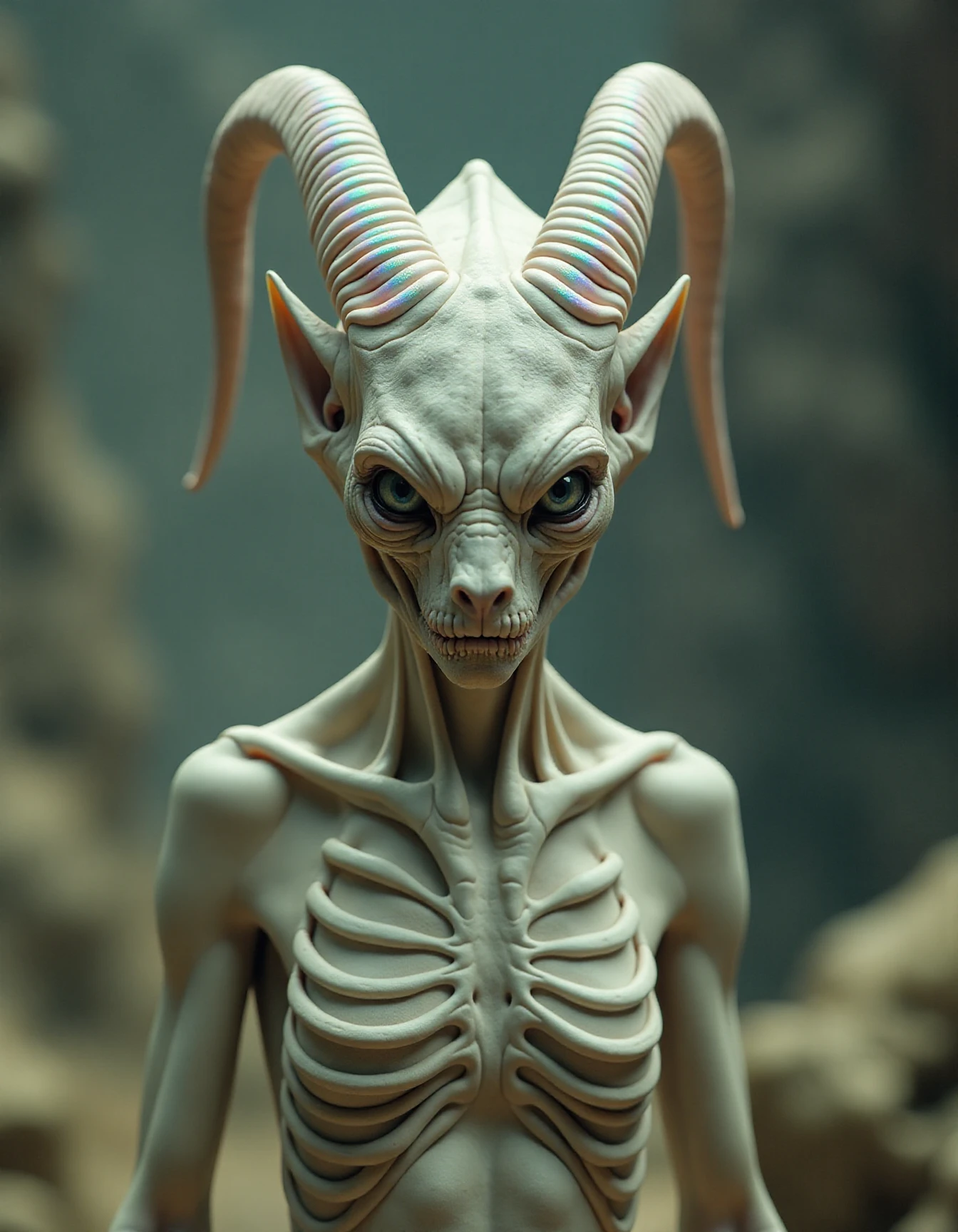 The Dirdir are an alien species with a striking, skeletal appearance. Their skin is smooth and polished, resembling bleached bone. From their skulls rise ridged plates and iridescent antennae that extend gracefully down their backs, shimmering with strange colors. Their eyes are set deep within their sockets, giving them an intense, predatory gaze. A central ridge descends over their face, forming what resembles a nose. Their movements are fluid yet abrupt, walking with leaps and bounds that evoke the agile grace of a leopard. They exude a sense of danger and primal power, with every motion displaying their swift, predatory nature.
