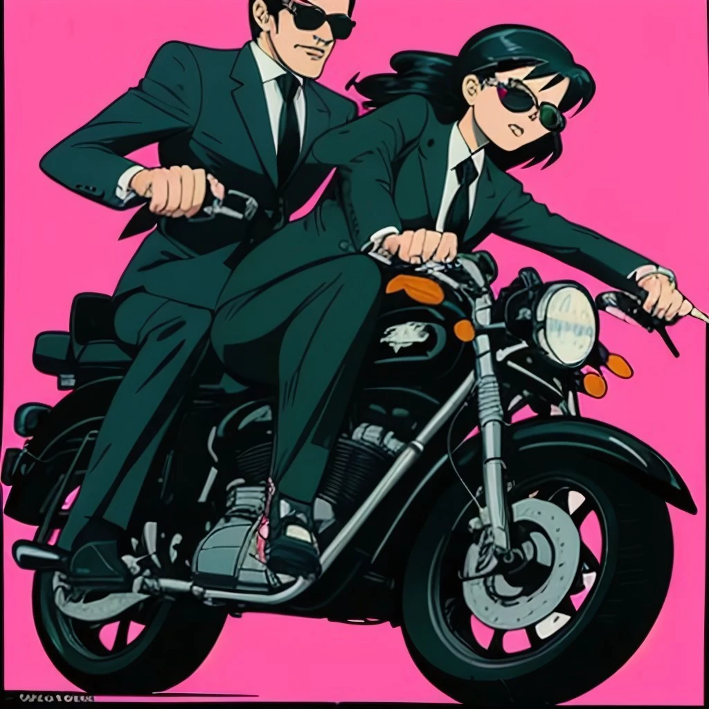 A hip chic young woman with sunglasses riding a motorcycle. A man in a suit and tie is riding pillion. In the style of Frank Kozik.