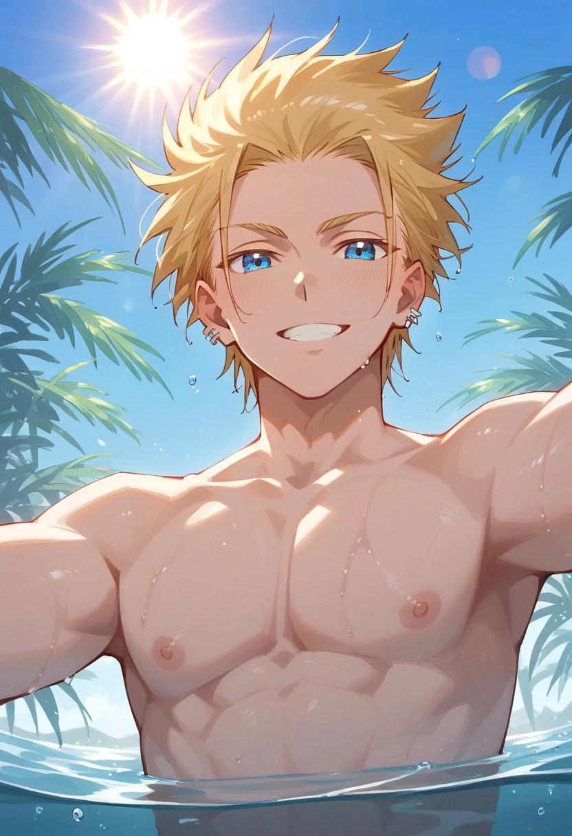 score_9, score_8_up, score_7_up, source_anime, rating_questionable, water, wet, lens flare, AslanTGRS, (blonde_Aslan_hair), grey_earrings, blue_eyes, 1boy, male focus, nipples, outstretched arms, upper body, partially submerged, smirk, teeth, blush lines, cropped hands, looking at viewer, blurry Egyptian outdoors, sun, realistic shading, glint, natural lighting, from below, Expressiveh