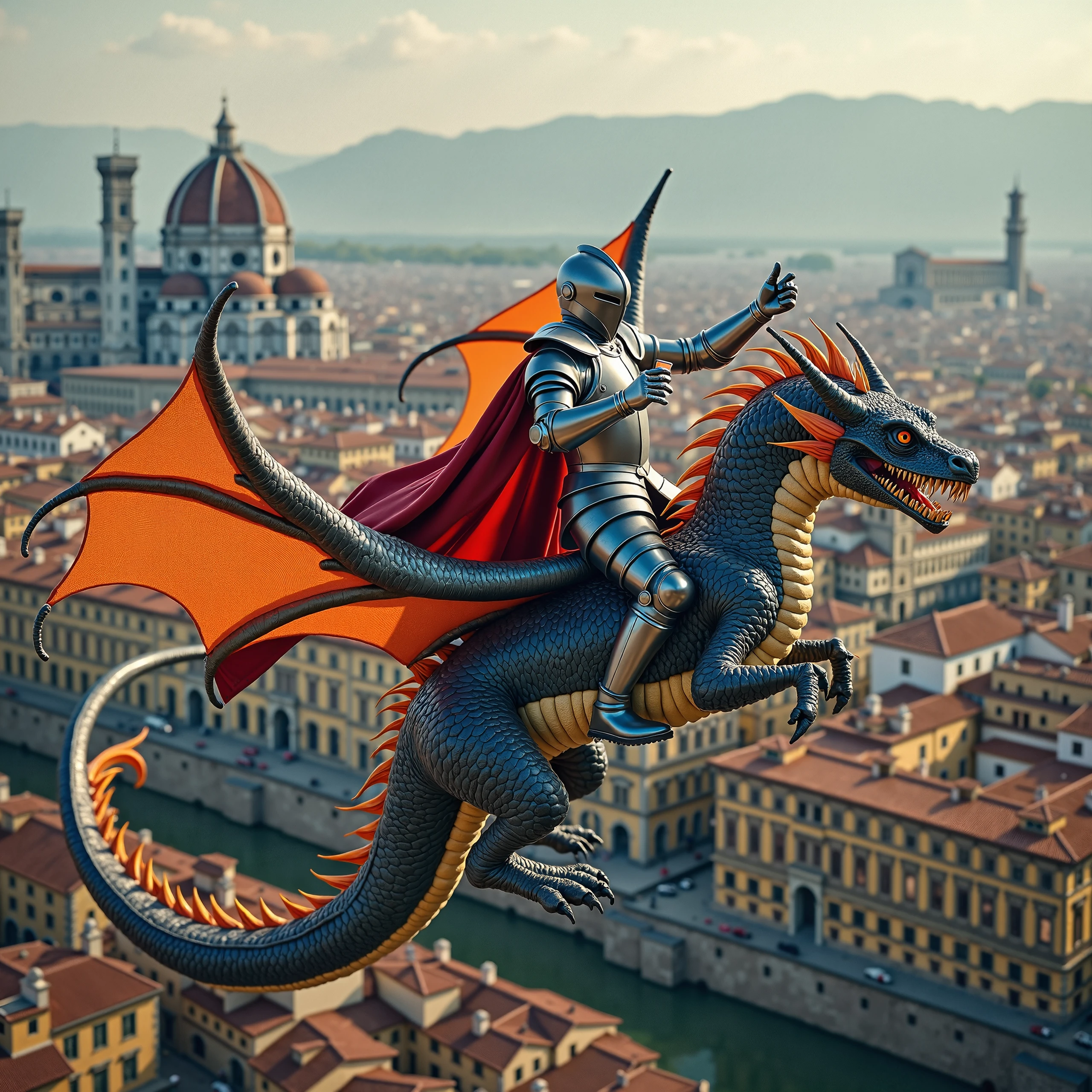 "A wide aerial drone view of the capital city of Florence, Italy, showcasing its iconic Renaissance architecture, including the Duomo, historic towers, and the Arno River. The city is seen from above with a sweeping landscape. High in the sky, a heroic knight in silver armor with a flowing red cape is riding a majestic dragon with metallic blue scales and glowing orange accents. The dragon has massive wings with orange-tinted membranes. In a humorous twist, the knight is casually holding a mobile phone, taking a selfie while riding the dragon, adding a fun and modern touch to the epic action scene above Florence."