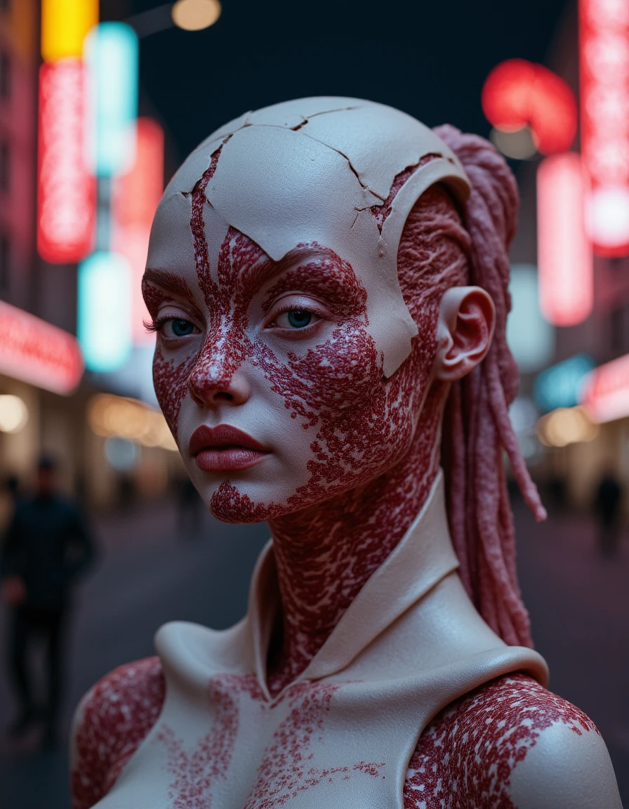 Portrait of a futuristic android cyborg robot, its cracked faceplate revealing an interior made of meat. In a dark cyberpunk city, illuminated by vibrant neon lights, bokeh. Fusion of flesh and machine.