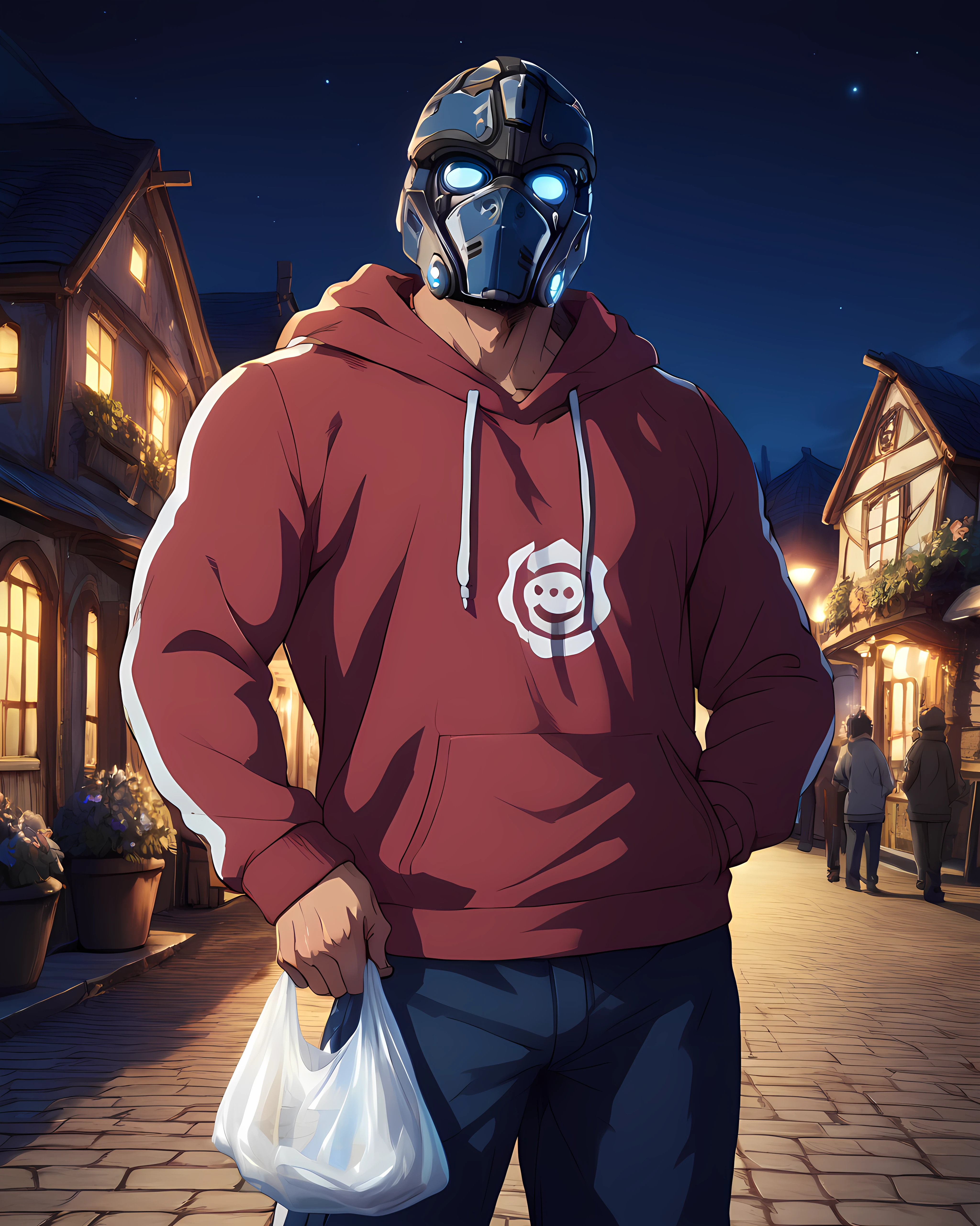 clayton_carmine, looking at viewer, hoodie, helmet, (muscular:1.1), bara, outdoor, town, night, lights, standing, looking at viewer, long pants, carrying plastic bag <lora:Clayton_Carmine_PonyXL-10:0.95>, score_9, score_8_up, score_7_up, score_6_up,