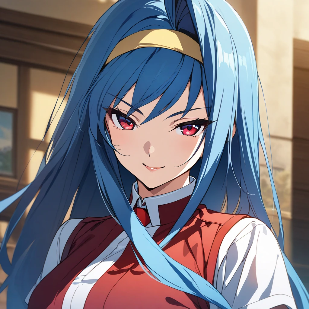 (masterpiece),(best quality),(ultra-detailed),(best illustration),(best shadow),(absurdres),(detailed background),(very aesthetic),
saki_tsuzura, blue hair, long hair, red eyes, yellow hairband, medium breasts, white shirt, red vest, red necktie, upper body, portrait, from the front view, seductive smile, anime coloring
<lora:XL-SakiTsuzura:1>