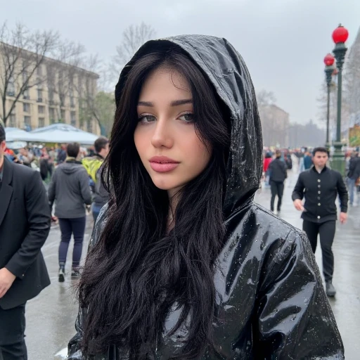 @blackwidof, instagram personality, internet personality, realistic, lips, closed rain coat, crowded background, raining, black hair, outdoors, Neutral expression