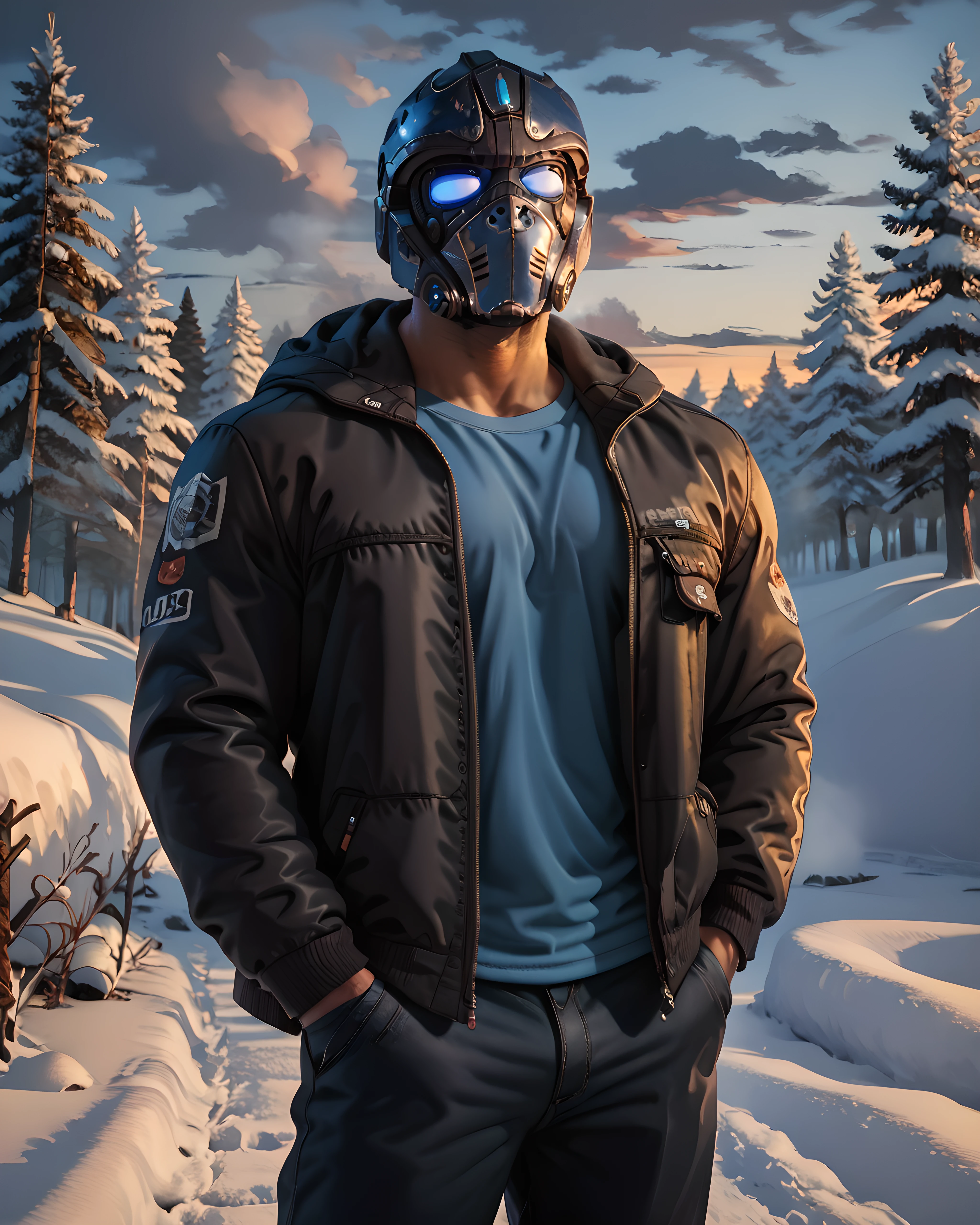 <lora:Clayton_Carmine_PonyXL-10:0.9> clayton_carmine, helmet, black bomber jacket, blue t-shirt, open jacket, long pants, winter, snow, (snow fog:1.2), dead trees, evening, cloudy, cowboy shot, (muscular:1.1), bara, hands in pocket, score_9, score_8_up, score_7_up, score_6_up,