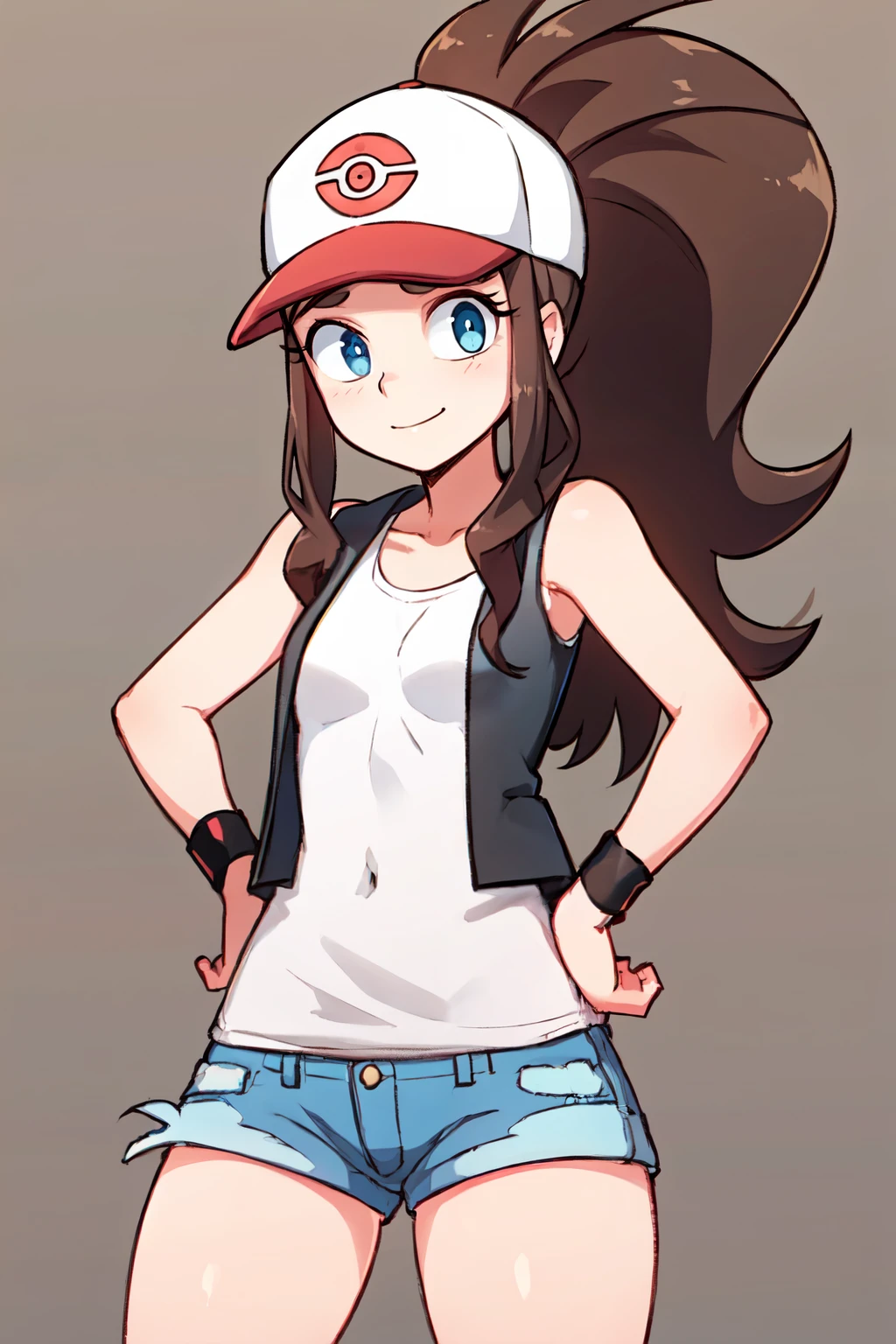 ((masterpiece,best quality)), absurdres,  <lora:TobiasWhellerStyle:0.7>, BREAK, , BREAK, <lora:HildaPokemon_v5:0.7>, zzHilda, blue eyes, long hair, high ponytail, sidelocks, hat, collarbone, white shirt, black vest, sleeveless, wristband, short shorts, denim shorts, exposed pocket,, BREAK, solo, smile, looking at viewer, cowboy shot, hands on hips,