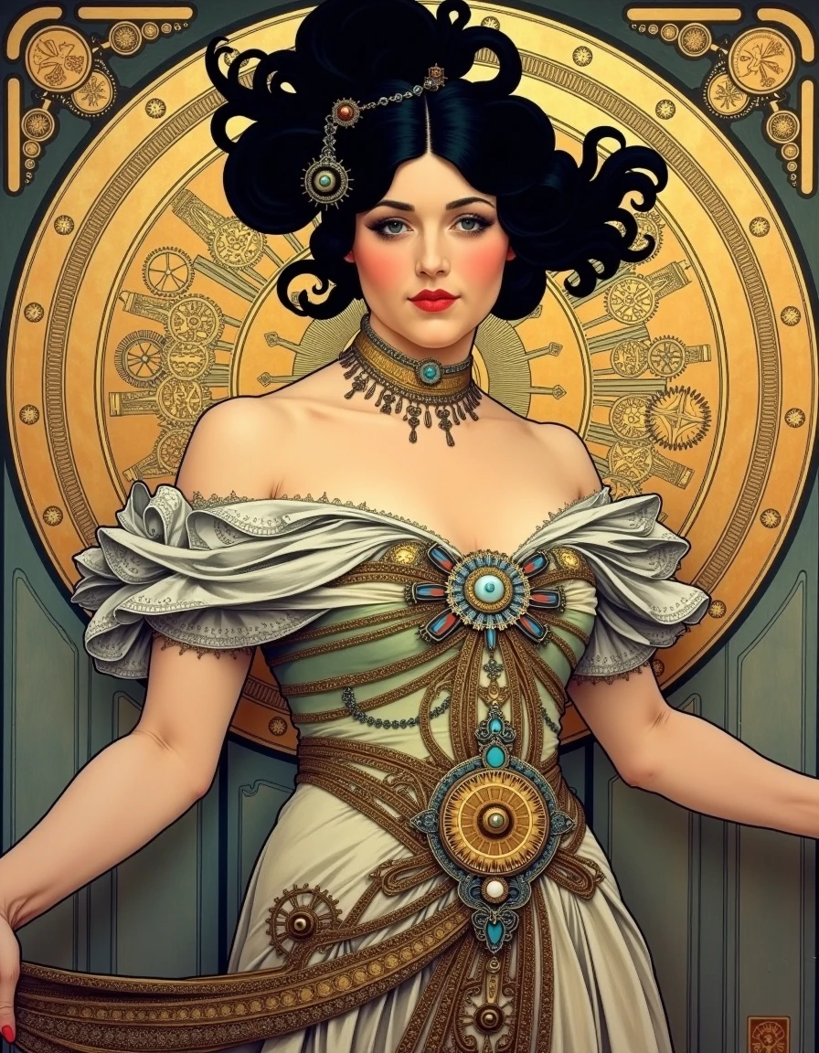 <lora:Alphonse Mucha_epoch_8:1>, mucha_style, a painting by Alphonse Mucha depicting a woman wearing a steampunk style victorian gown, cogs and gears decorating her dress, she has curly black hair pulled back into a bun and bright blue eyes