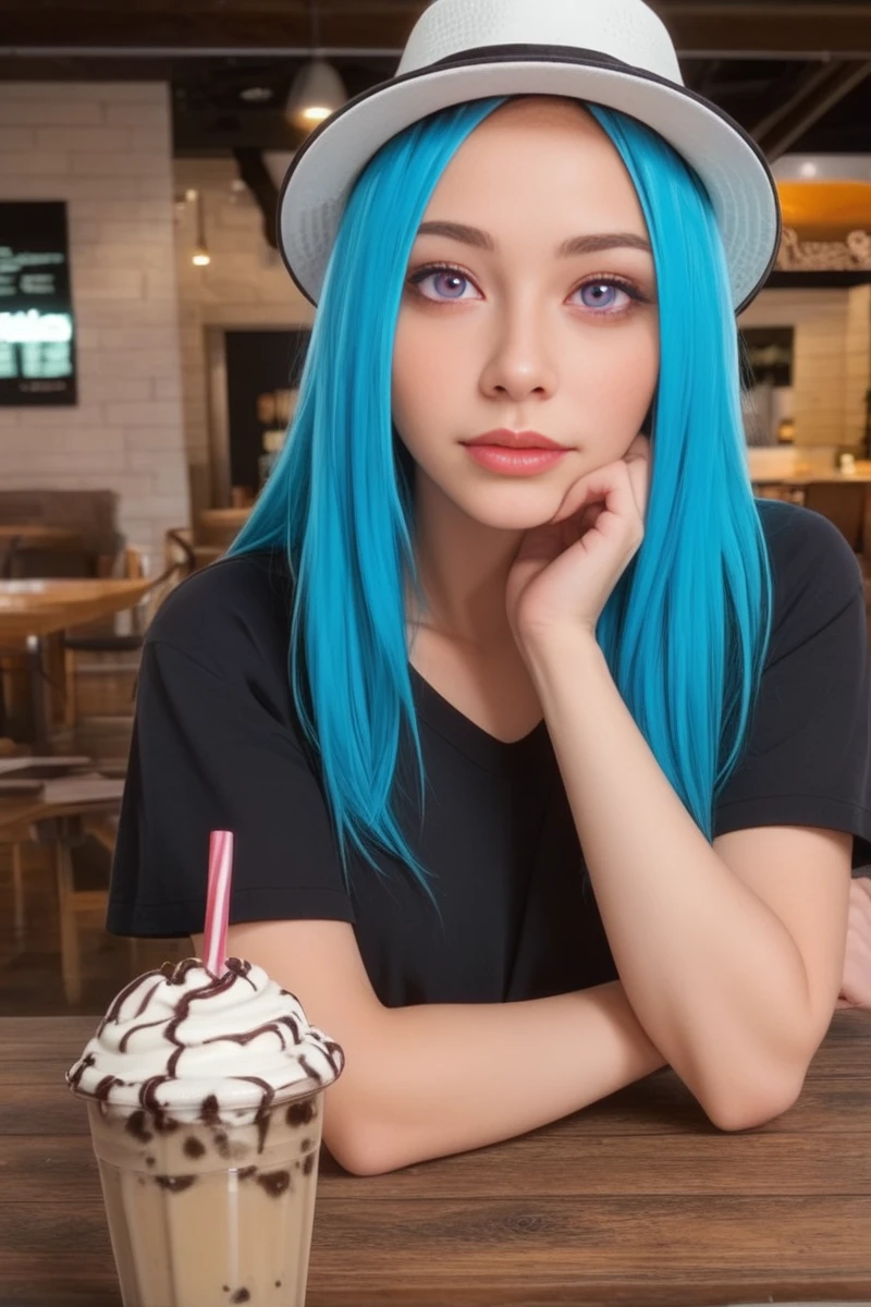 score_9, source_anime, zPDXL2, an image of TeamBAgentDove woman, purple eyes, white fedora, black v-neck t-shirt, looking at viewer, sitting across the table from you in a cafe, <lora:TeamBAgentDove:1>, milkshake with a straw