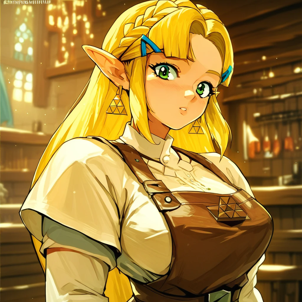 source_anime, BL4CKSM1TH, apron, leather((score_9)),score_8_up,score_7_up,score_6_up,score_5_up,score_4_up, retro_artstyle, anime style, 1woman, Princess Zelda, blonde hair, large breasts, (green eyes), looking at viewer, facing viewer, masterpiece, best quality, highres, best illumination, depth of field,