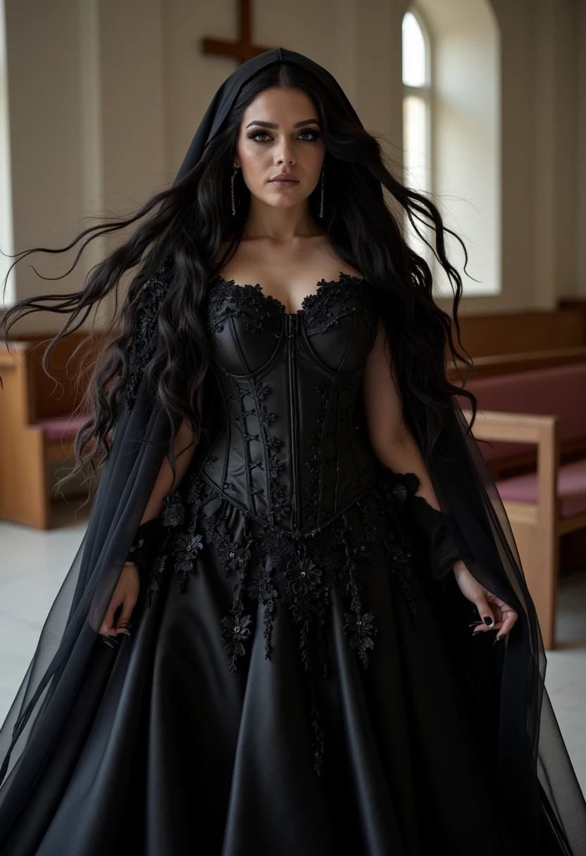 A woman with flowing long black hair, dark makeup, gazes at the viewer softly. her black dress is hud_m0thern4ture, a stunning full-length gown with a fitted bodice and a flared skirt. consisting of a corset, see-through hooded cape. the setting is a church and she is marrying her husband