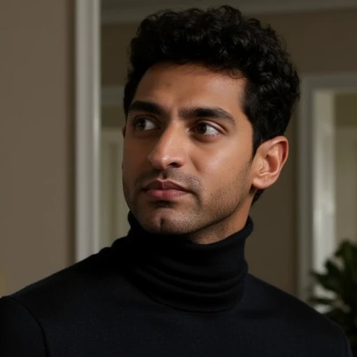 karan, male, turtleneck shirt, looking away, closed mouth