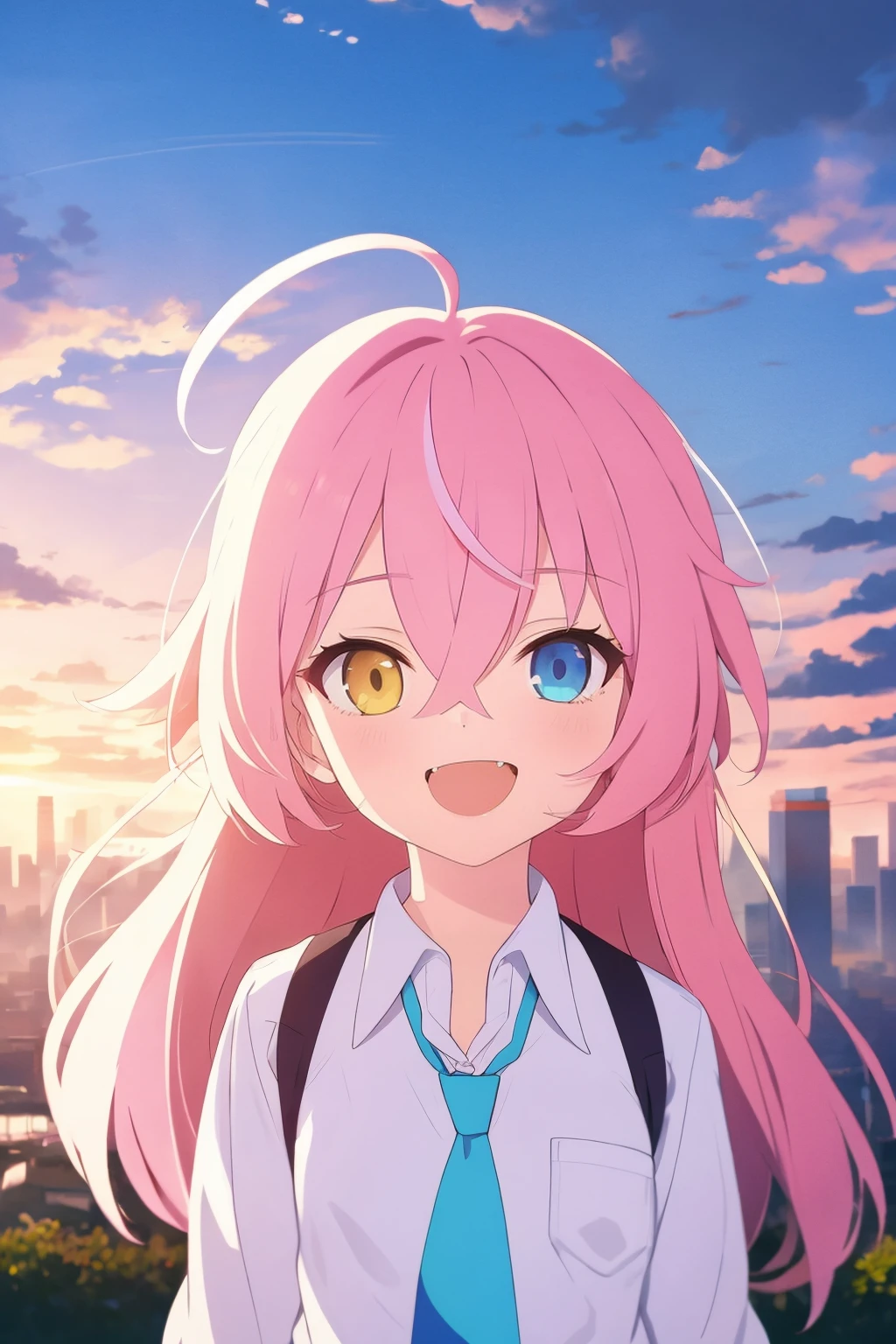 masterpiece,best quality,1girl,solo,necktie,shirt,sky,long hair,fang,cloud,pink hair,looking at viewer,white shirt,heterochromia,collared shirt,blue necktie,skyscraper,building,blue eyes,outdoors,hair between eyes,ahoge,upper body,sunset,yellow eyes,open mouth,no humans,smile,
<lora:BA_v1_wd14_LoRA:0.8>,