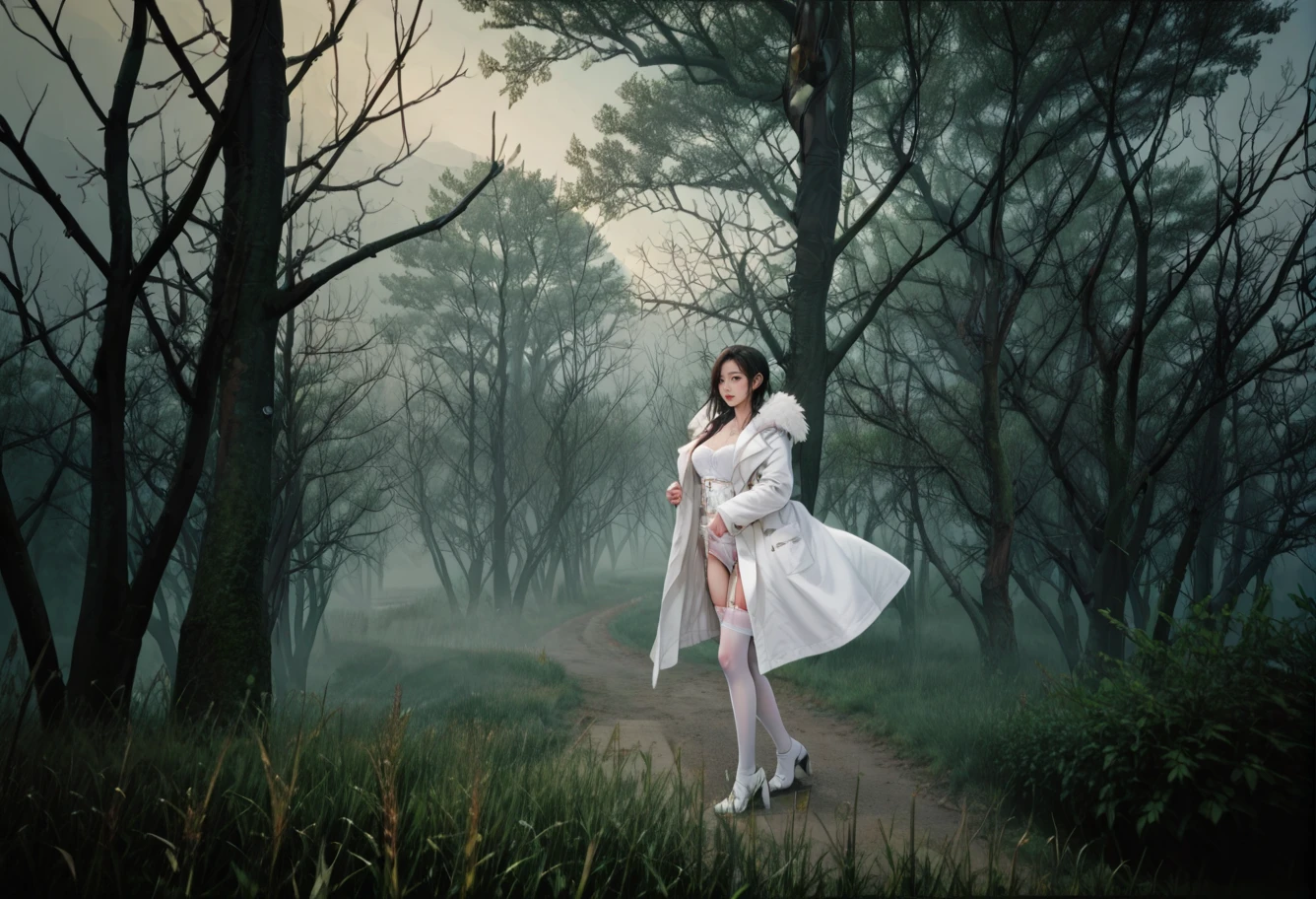 ,ruanyi0944,bare tree,fog,grass,,ruanyi0929,white coat,garter belt,garter straps,white thighhighs,lace-trimmed legwear,fur trim,open coat,<lora:0944 misty forest_v1_pony:0.9>,<lora:0929 Sexy lingerie 40_v1_pony:0.7>, score_9,score_8_up,score_7_up,,8k,1girl,solo,,