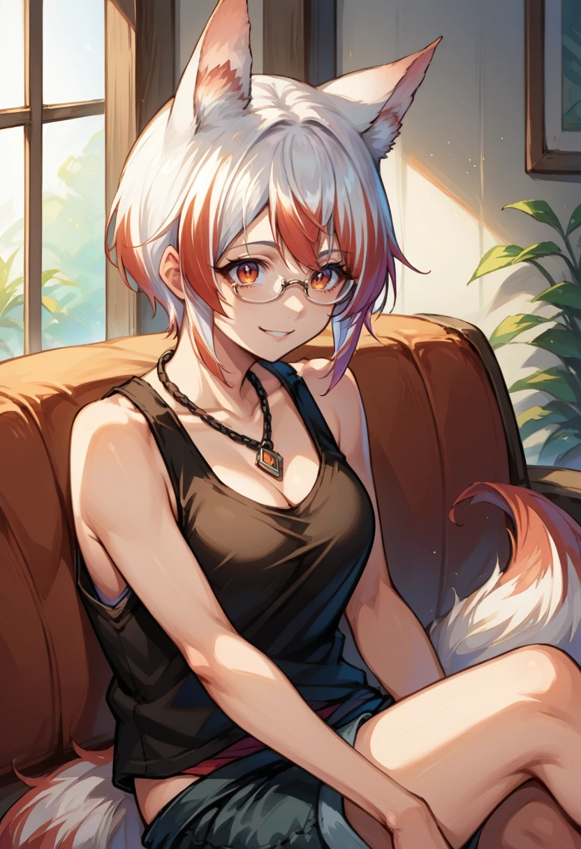 score_9, score_8_up, source_anime, 1girl, solo, KohakuSyusetsu, multicolored hair, animal ears, tail, short hair, glasses, tank top, cleavage, necklace, sleeveless, shorts, smile, indoors, sitting, on couch, <lora:ChamKohakuSyusetsuPonyXL:1>