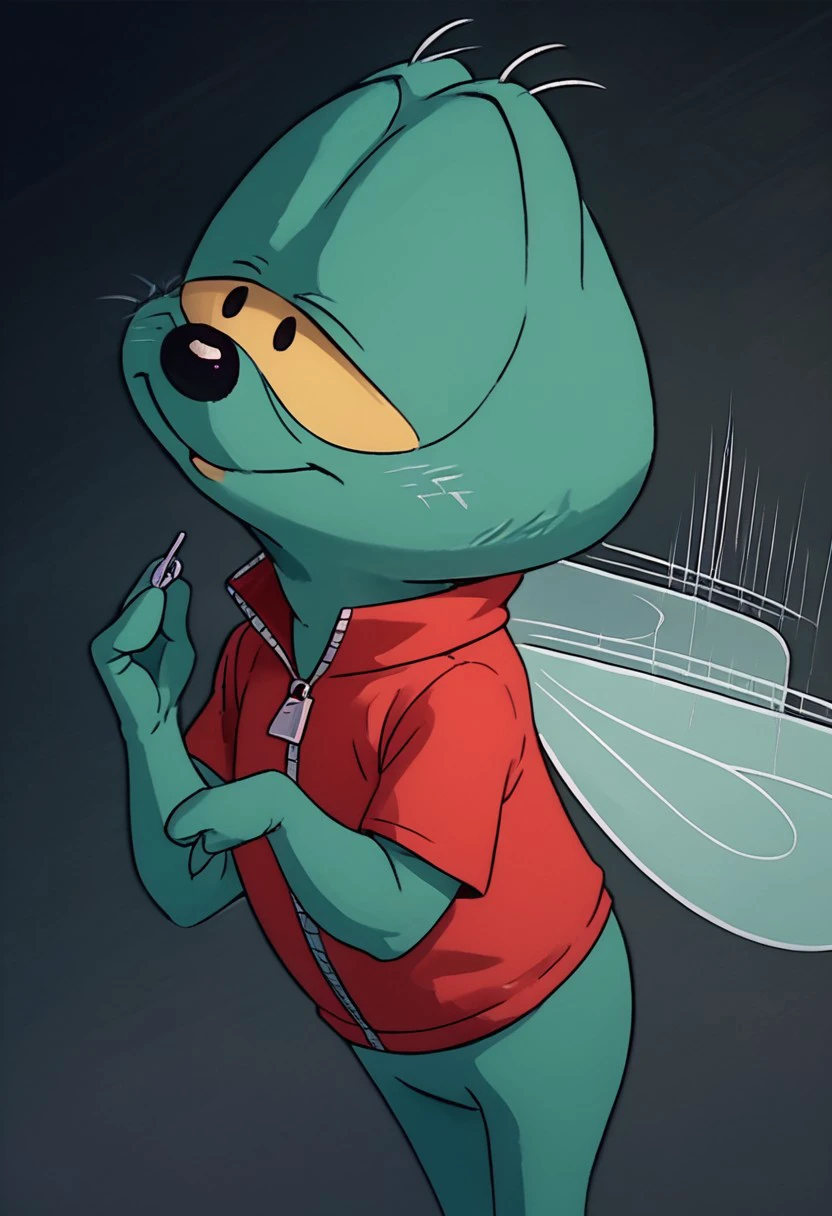 score_9, score_8_up, score_7_up, highly detailed, Zipper fly, male insect, wings, red shirt, fly wings