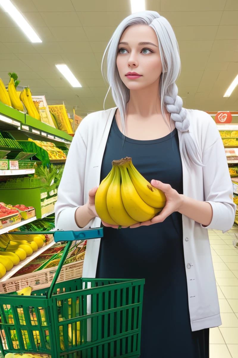 Ga-Hee JO, an image of GaHeeJoDove woman, <lora:GaHeeJoDoveV2:0.9>, score_9, source_anime, single braid, black dress, grey open cardigan, holding a bunch of bananas, shopping basket on arm, looking to the side, supermarket, inside, zPDXL2, white hair