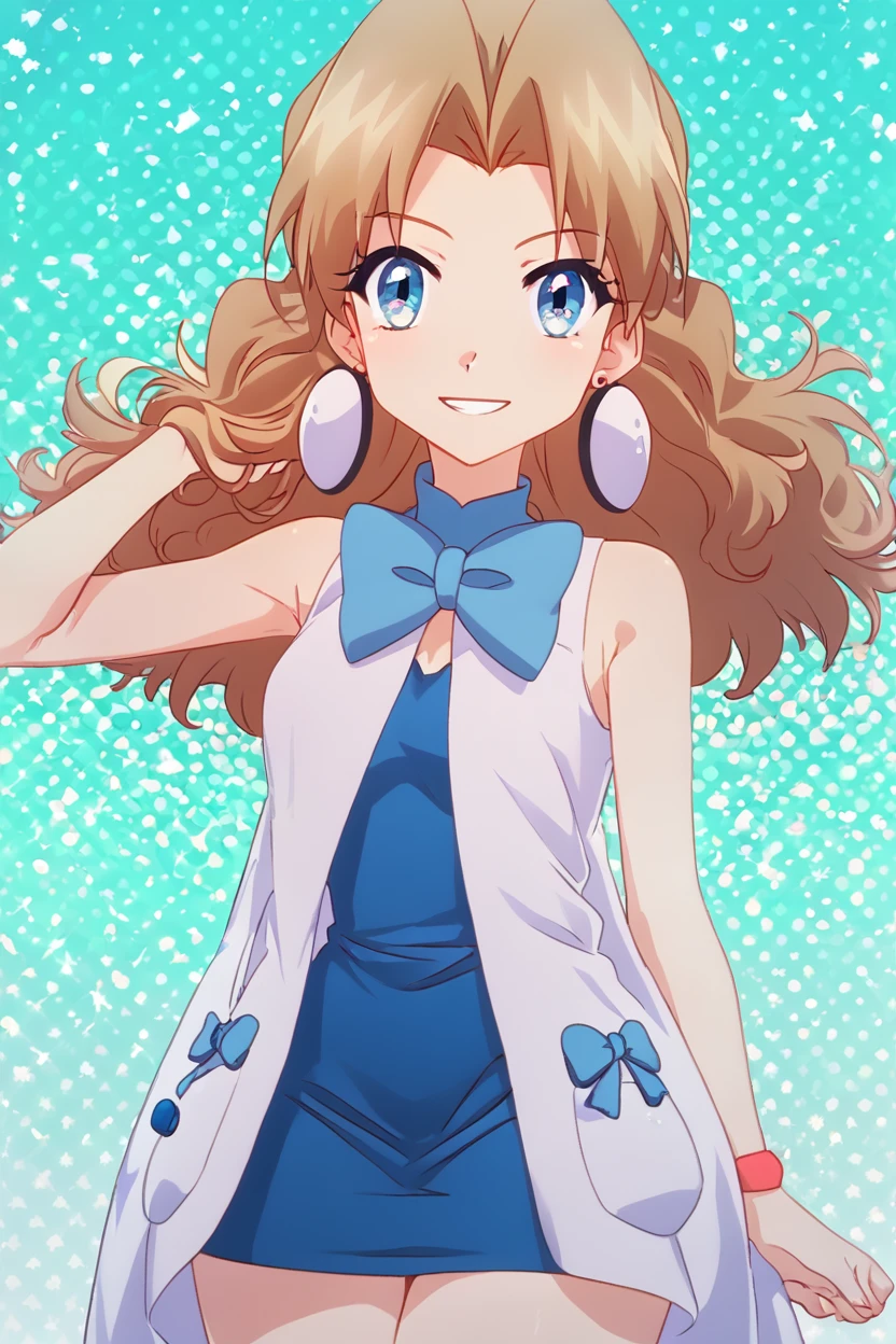 score_9, score_8_up, score_8, medium breasts, (curvy), cute, eyelashes,       BREAK, , <lora:Molly_Pokemon_PDXL:0.8>,  zzMolly,  blue eyes, brown hair, parted bangs, long hair,  jewelry, earrings, bow, bowtie, sleeveless, blue bow, dress, white coat,  , BREAK, smile, looking at viewer, cowboy shot, embedding:zPDXL, Expressiveh, <lora:PrismaIllya_PDXL_v3:1.0>,  <lora:SDXLFaeTastic2400:0.5>,  <lora:Expressive_H-000001:0.4>,