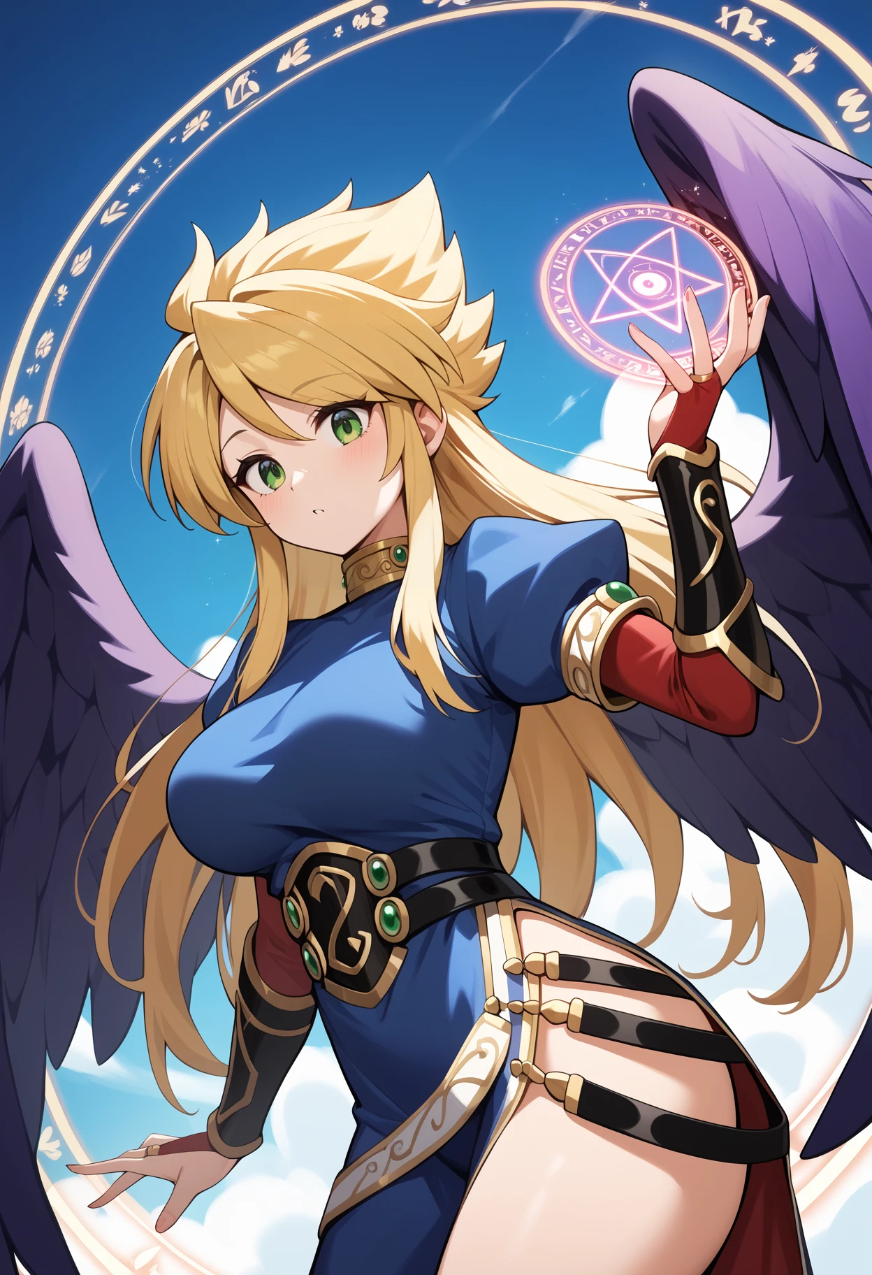 score_9, score_8_up, score_7_up, score_6_up, score_5_up, score_4_up, source_anime, aanina, long hair, blonde hair, green eyes, large breasts, feathered wings, purple wings, blue dress, puffy sleeves, bridal gauntlets, side slit, <lora:nina_bof2_ponyxl_v1:0.9>, magic circle, magic,