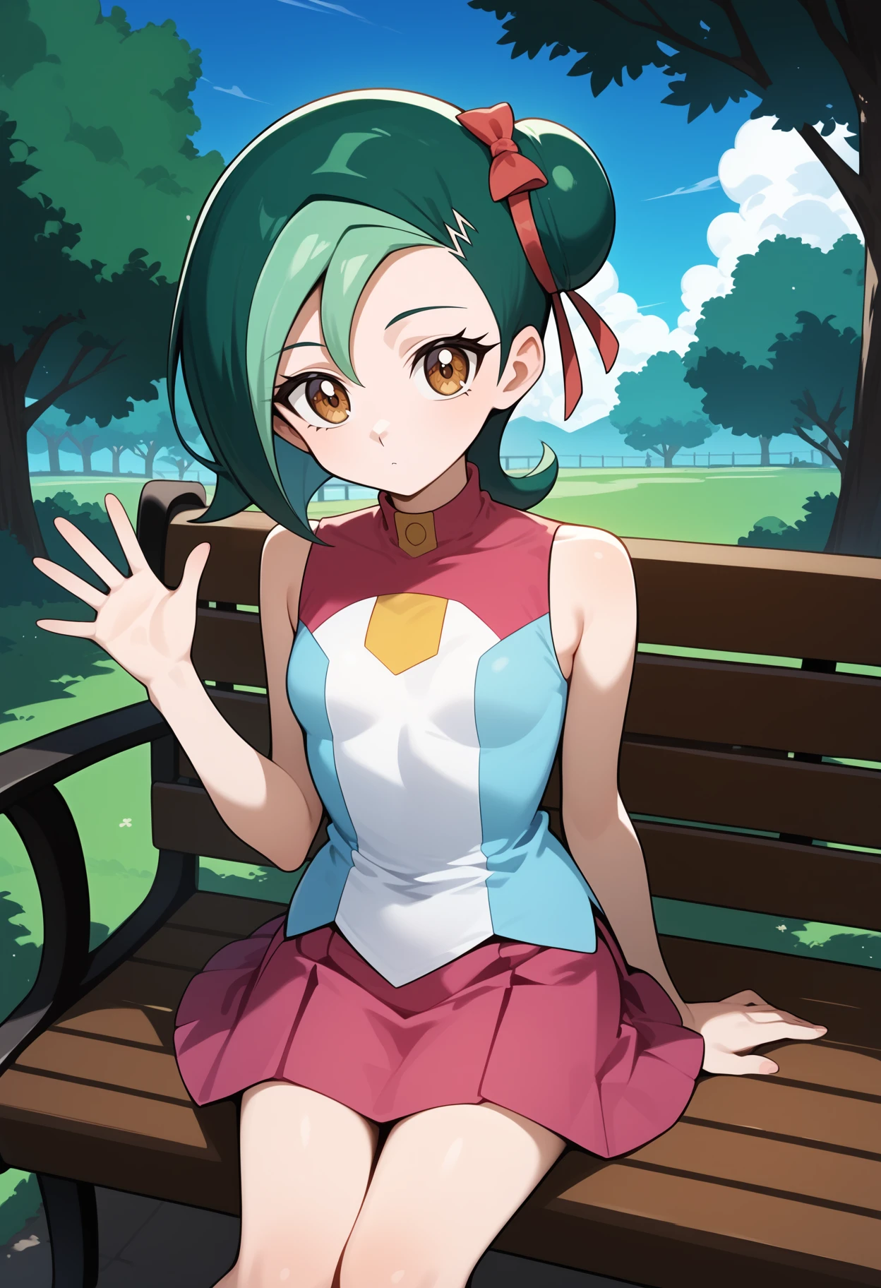 score_9, score_8_up, score_7_up, score_6_up, score_5_up, score_4_up, source_anime, aakotori, short hair, multicolored hair, green hair, single hair bun, hair ribbon, brown eyes, small breasts, bare shoulders, sleeveless shirt, multicolored shirt, blue shirt, pink skirt, <lora:mizuki_kotori_(yu-gi-oh!)_ponyxl_v1:0.9>, outdoors, sitting, bench, waving, expressionless,