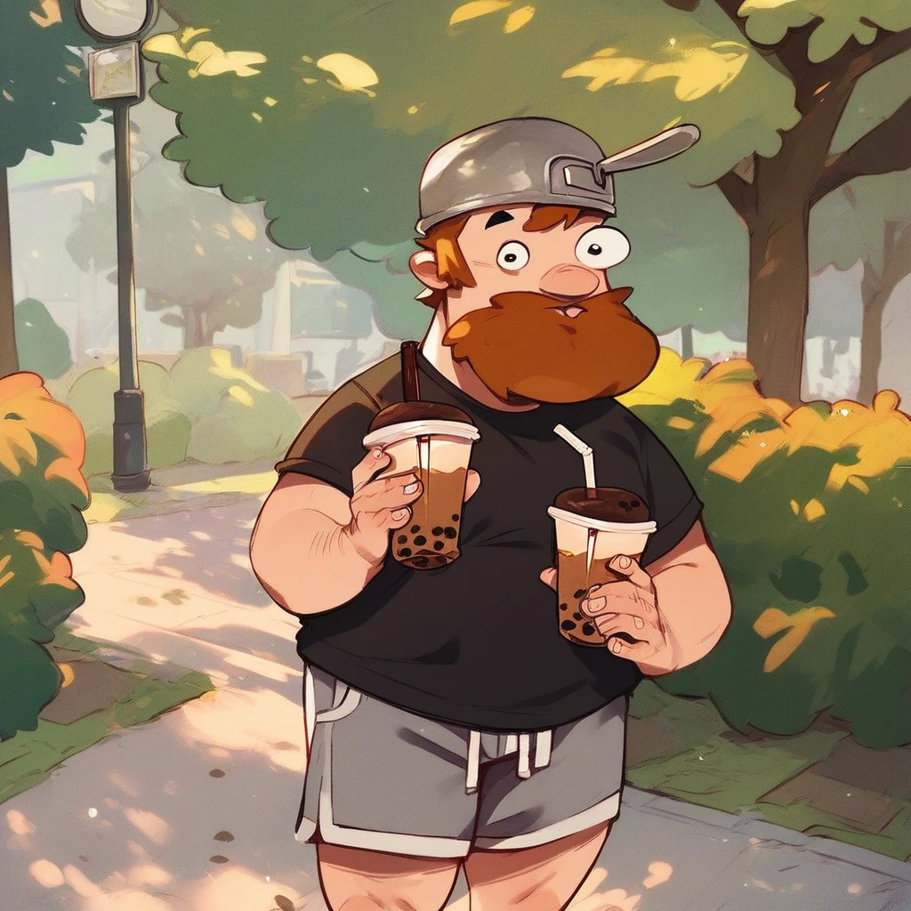 score_9_up, score_8_up, score_7_up, mikus-dave, brown hair, brown beard, frying pan on head, 1boy, solo, black sweater, gray shorts, park, holding, bubble tea