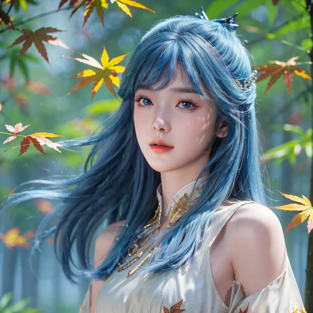 1girl,solo,long hair,blue hair,blue eyes,hair ornament,dress,looking at viewer,outdoors,(autumn maple forest:1.3),(very few fallen leaves),(path),((realistic)),close-up,Highly detailed,(ultra-detailed),(best quality,masterpiece:1.5),<lora:dlld-wangdong:0.65>