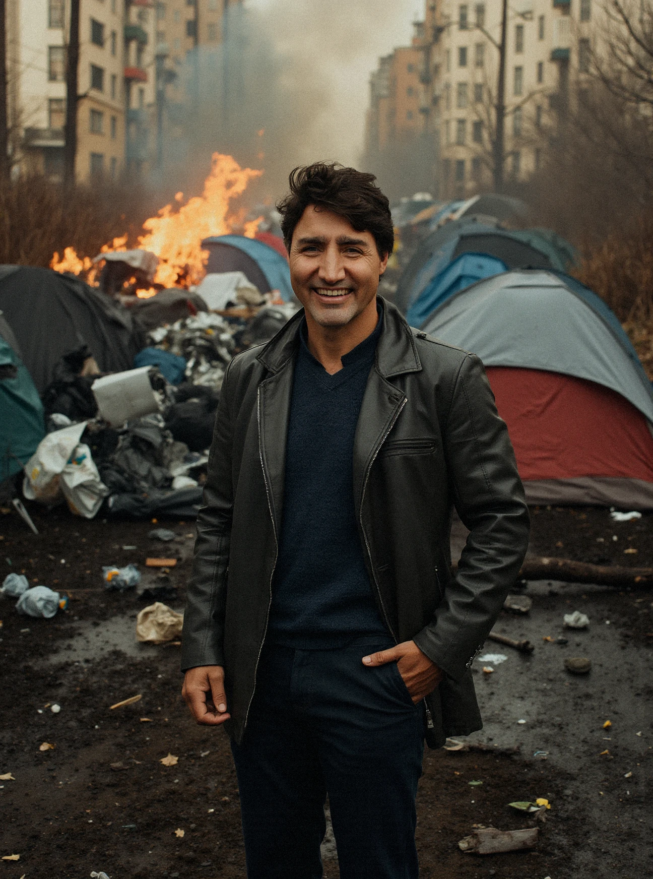 Movie still, close-up of 1boy Justin Trudeau with a massive grin standing in a power pose in the middle of frame, burning toronto fileld with garbage and tents, in the background, tents, homelessness 