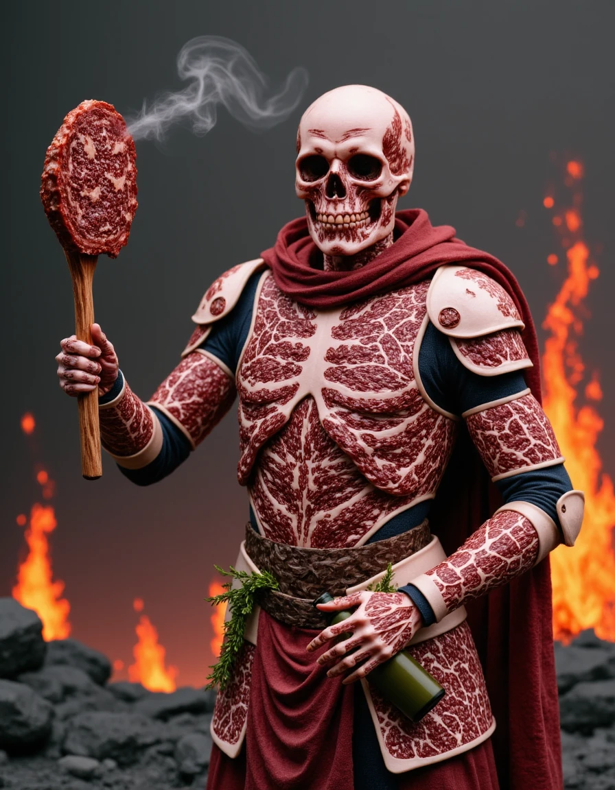 Hyper-realistic skeleton wearing medieval knight plate armor, but instead of metal the armor is made entirely of meat. The skeleton wields a ridiculously gigantic lamb chop, his armor is decorated with fresh herb garnish and an olive oil bottle hangs from the belt around his waist. The meaty armor crackles with wisps of smoke. Surrounding him is a burnt, charcoal black landscape filled with death and destruction. The earth has been completely flame scorched, leaving only charred remains. Flowing rivers of lava and hot sauce. Fiery particles rise from the ashes. Volcanic background resembling hell. Cowboy shot.