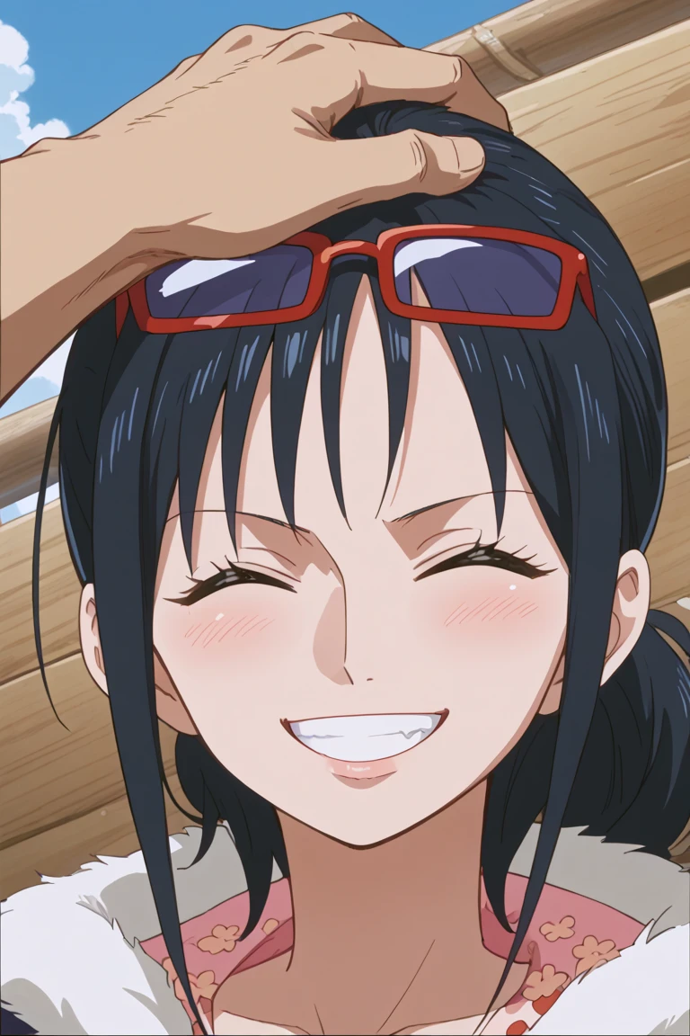 score_9, score_8_up, score_7_up, source_anime, rating_safe, SmokerOP, headpat, closed eyes, 1boy, couple focus, TashigiOP, dark blue_Tashigi_female hair, red_Tashigi_eyewear on head, 1girl, anime screencap, wide smile, teeth, cute wallpaper