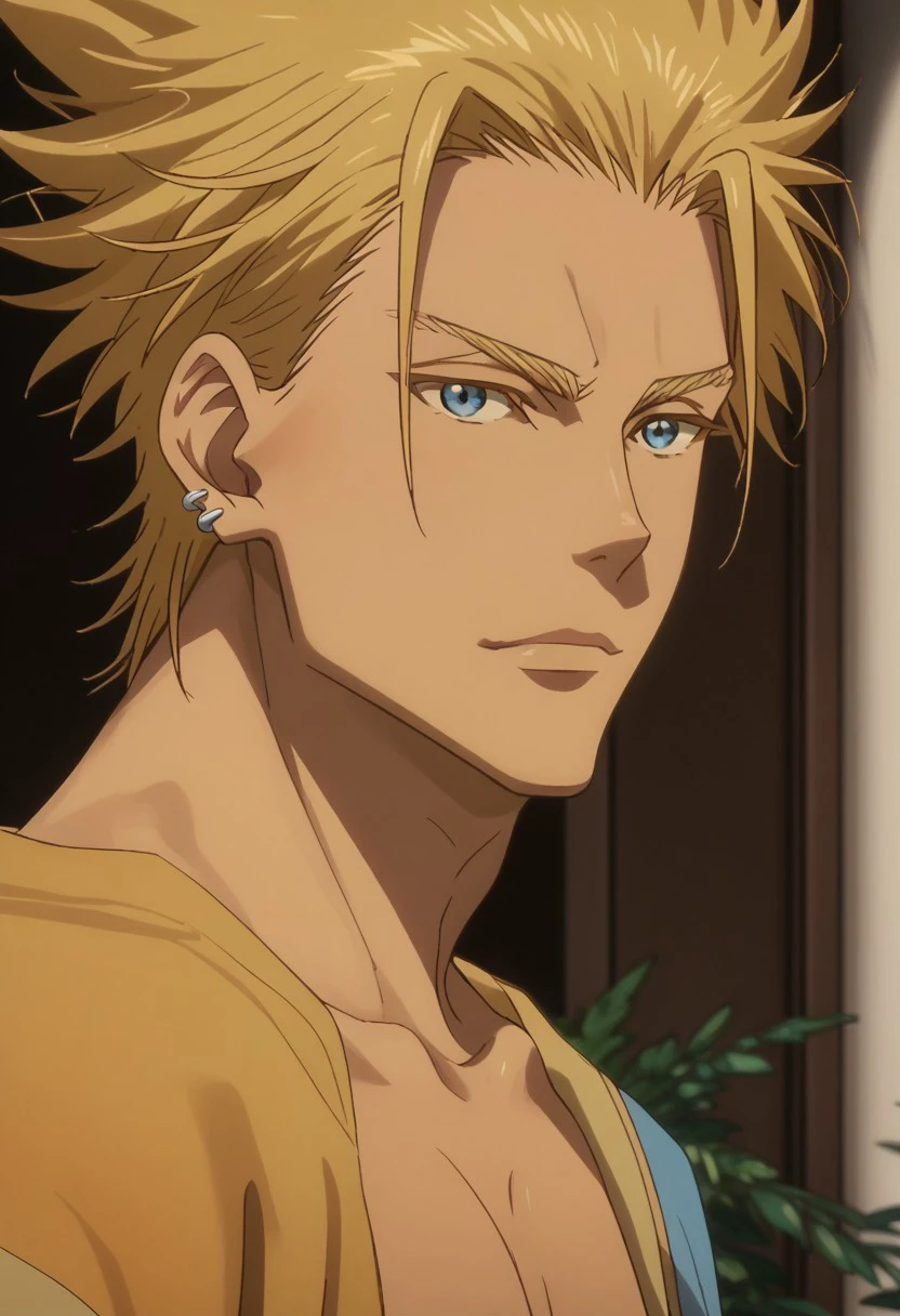 score_9, score_8_up, score_7_up, source_anime, rating_safe, AslanTGRS, blonde_Aslan_hair, grey_Aslan_earrings, blue_Aslan_eyes, 1boy, male focus, anime screencap,