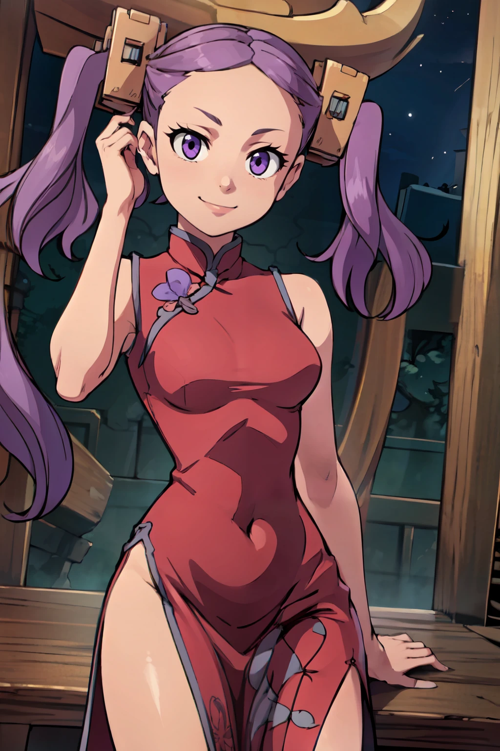 ((masterpiece,best quality)), absurdres,  BREAK, , <lora:Wahanly_Shume_Tenchi:0.8>, Wahanly_Shume_Tenchi,  1girl, solo, long hair, purple hair, twintails, purple eyes, hair ornament, , BREAK,  china dress, pelvic curtain, side slit, sleeveless, print dress, covered navel, no panties, outdoors, night, torii, shrine, east asian architecture, leaning forward, hand on own thigh, from above,, BREAK, solo, smile, looking at viewer, cowboy shot,