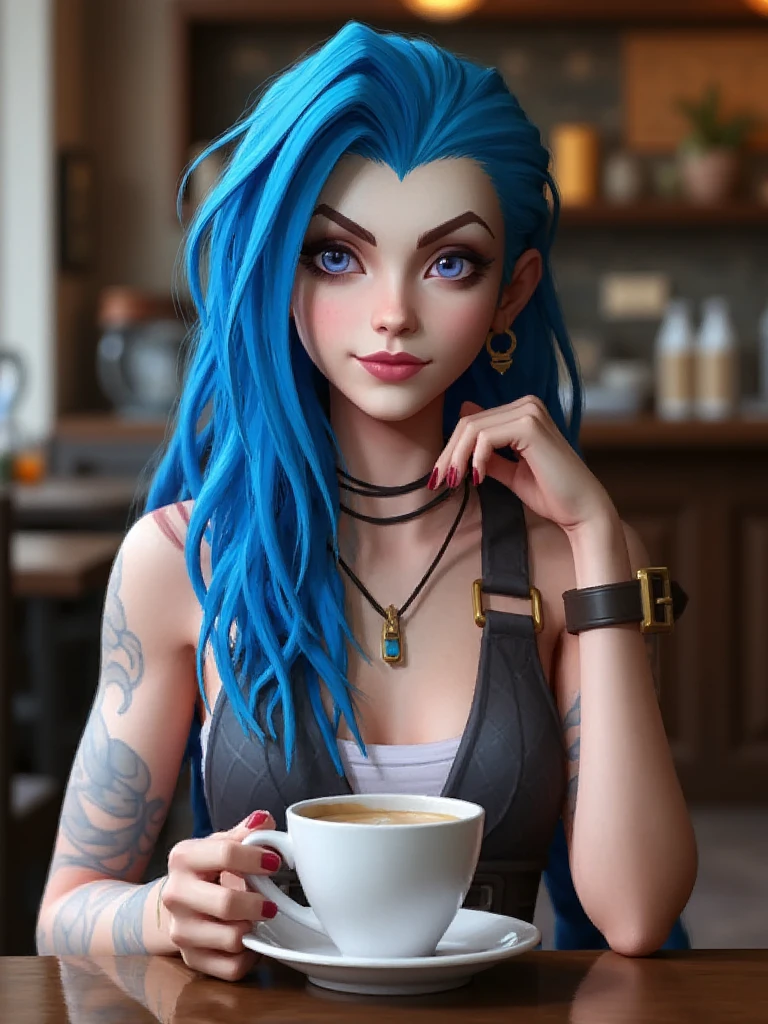 woman casually drinking coffee at a table. the background is a cafe, she has blue hair,, best quality, 4k, 8k, high resolution, cinematic, vibrant, intricate, Hyperrealistic, high detail