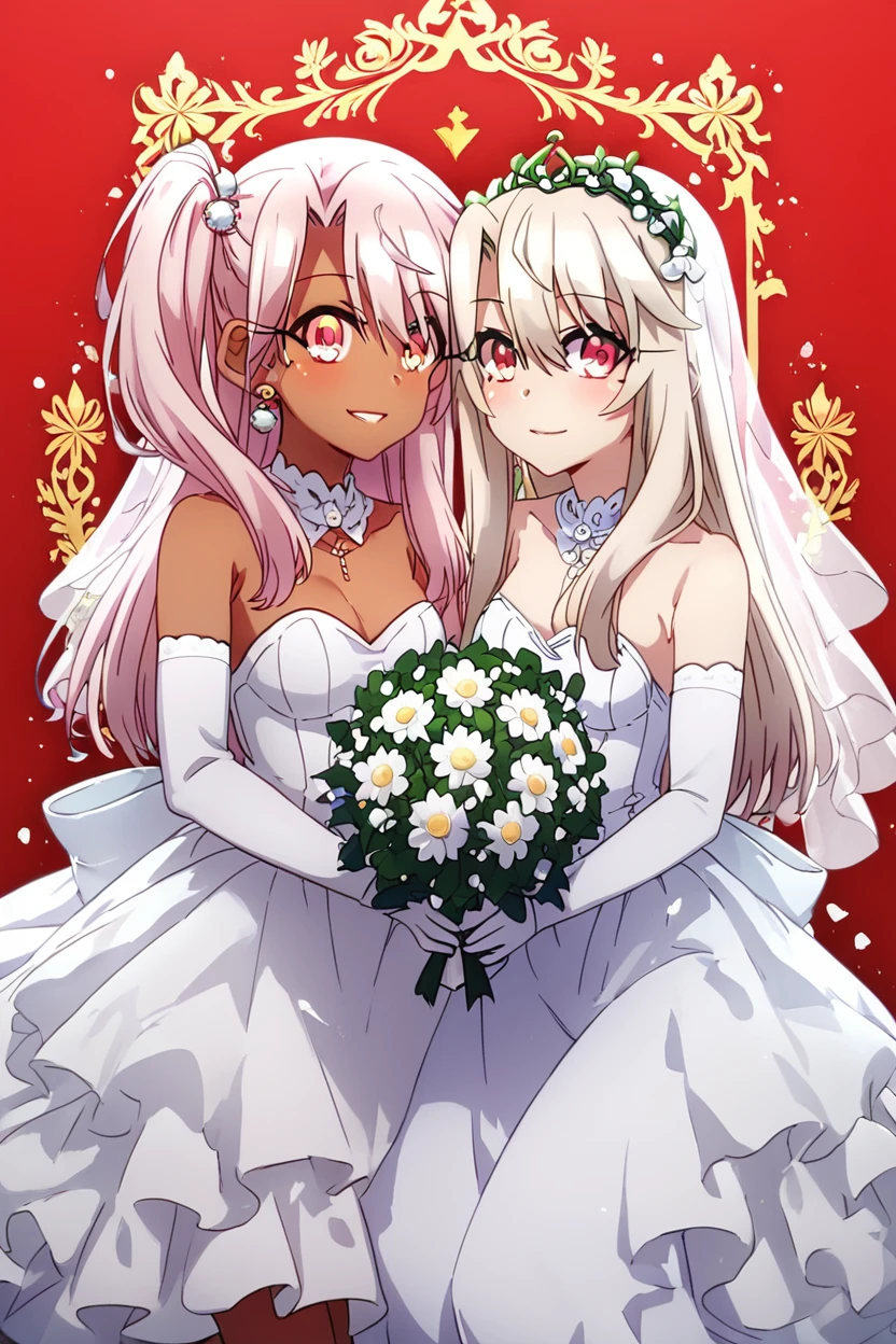 score_9, score_8_up, score_8, big breasts, (curvy), cute, eyelashes,      rating safe,   BREAK,  2girls,  chloe von einzbern, yellow eyes, pink hair, long hair, one side up, dark skin,   illyasviel von einzbern, red eyes, white hair, long hair, red eyes,    bride, wedding dress, bridal veil, strapless dress, elbow gloves,  holding bouquet,   ,,, smile, looking at viewer,   ,,, embedding:zPDXL, Expressiveh,  <lora:PrismaIllya_PDXL_v3:1.0> <lora:SDXLFaeTastic2400:0.5>,  <lora:Expressive_H-000001:0.4>,