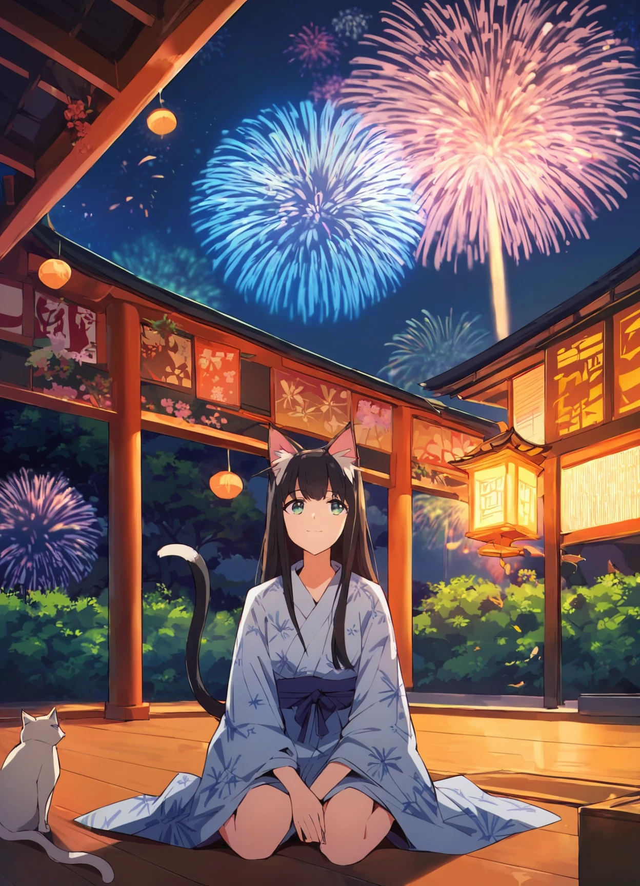 tama, cat girl, 1girl, score_9, score_8_up, score_7_up, (highly detailed, masterpiece, best quality), light smile, wide shot, sitting, on floor, looking up,  :3, japanese garden, yukata,  fireworks, night sky,  aged down,  <lora:young-tama-ponyXL-v0.6:0.85>