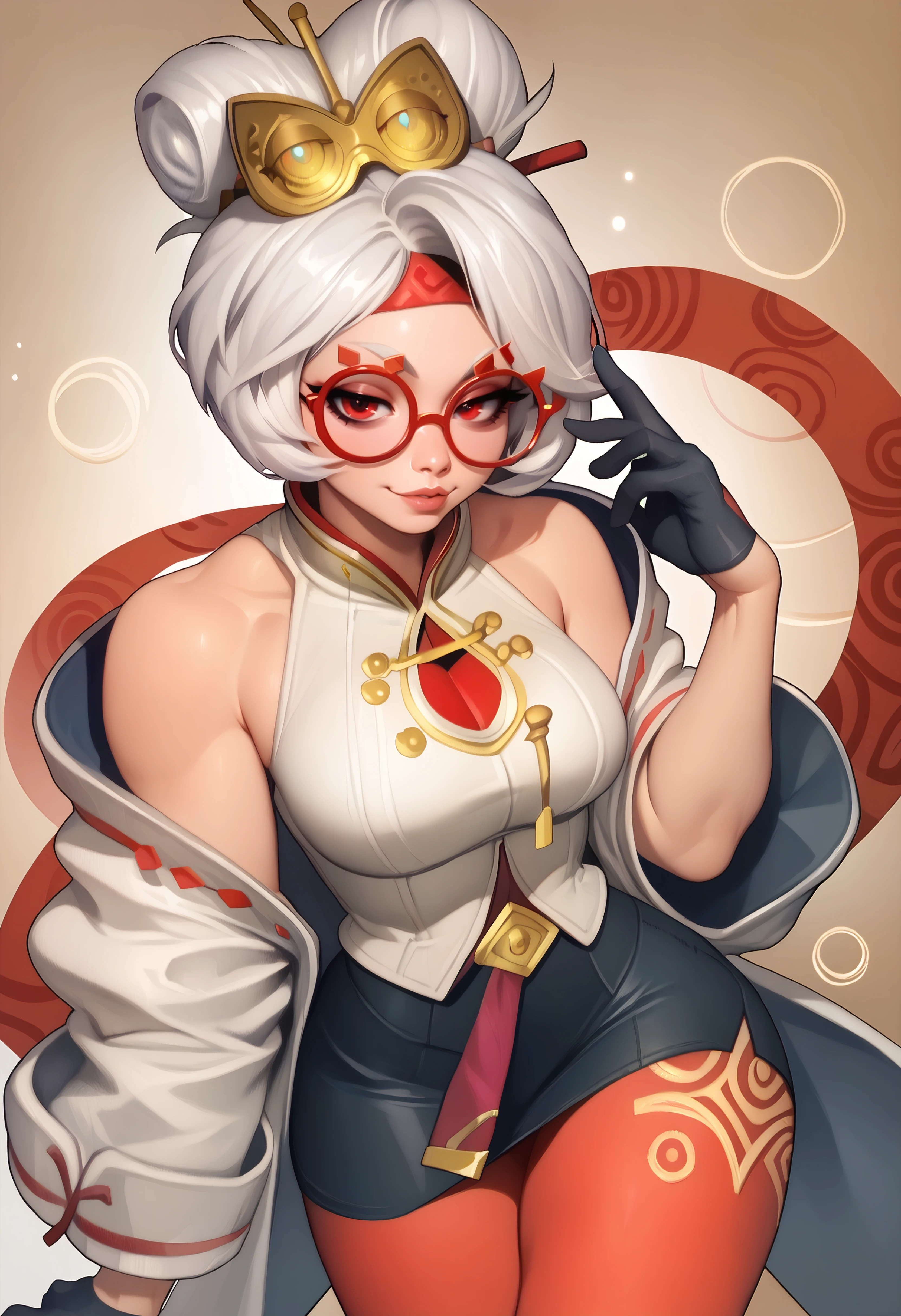 score_9, score_7_up BREAK  <lora:purah-pdxl-nvwls-v1:0.8> purah, white hair, red eyes,hair ornament, red headband, red glasses, sleeveless shirt, white coat,black skirt, red leggings,looking at viewer,smug,abstract background,gloves,lips,pose <lora:ickp_pd_glora:1>