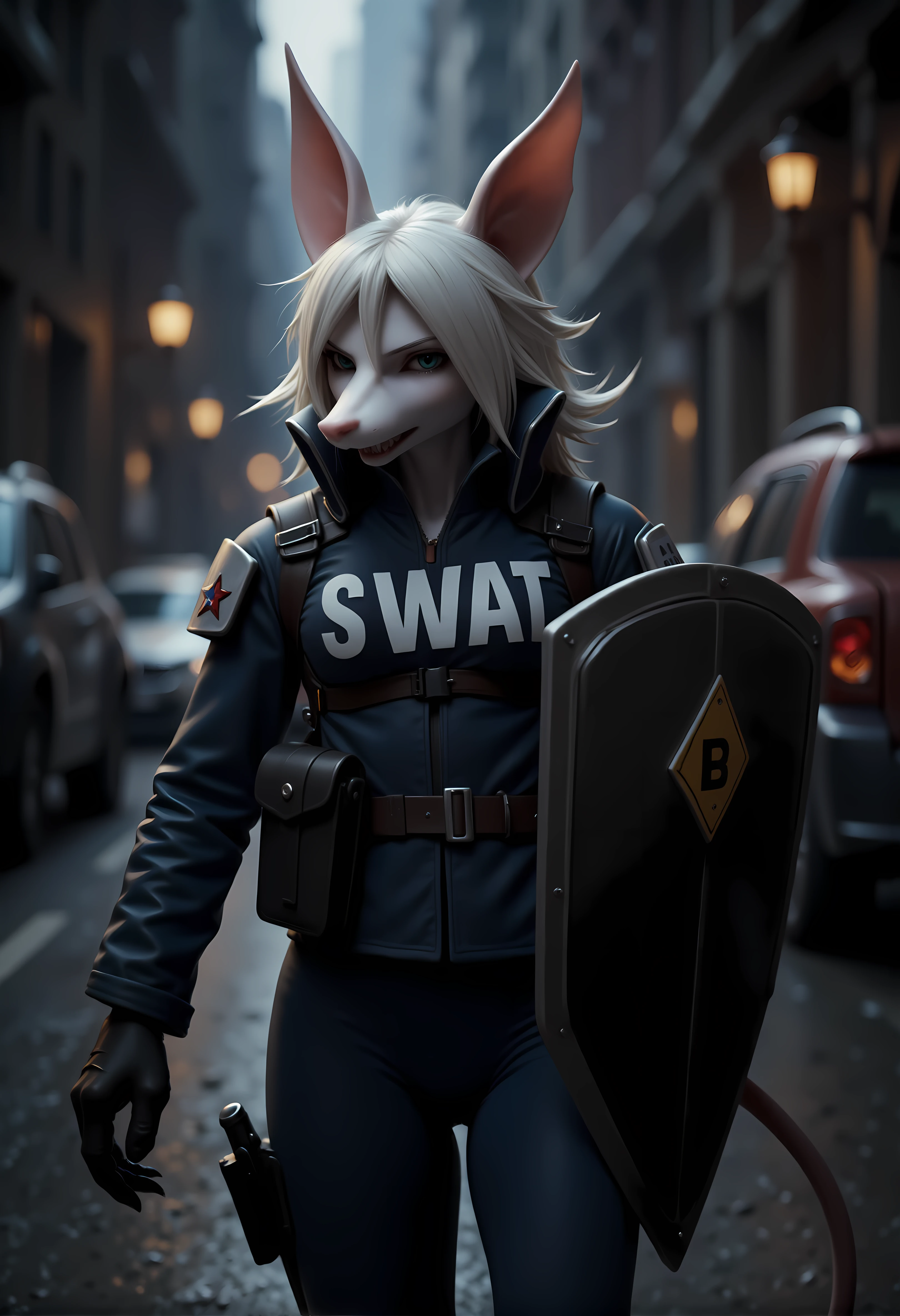 A photorealistic zoomed in facial portrait of freyac, rat girl with white fur, wearing a SWAT police outfit and holding a riot shield in a dark street. She is angry.