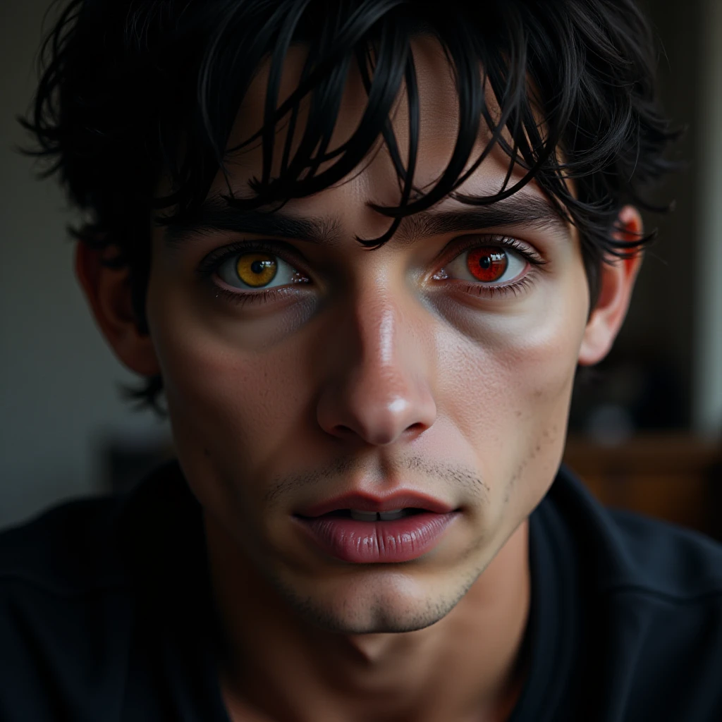 A close-up portrait of a man with striking black hair and heterochromia, featuring one eye as bright yellow and the other as deep red, with a slight sparkle in both, set against a subtle, dark background that accentuates his intense gaze.