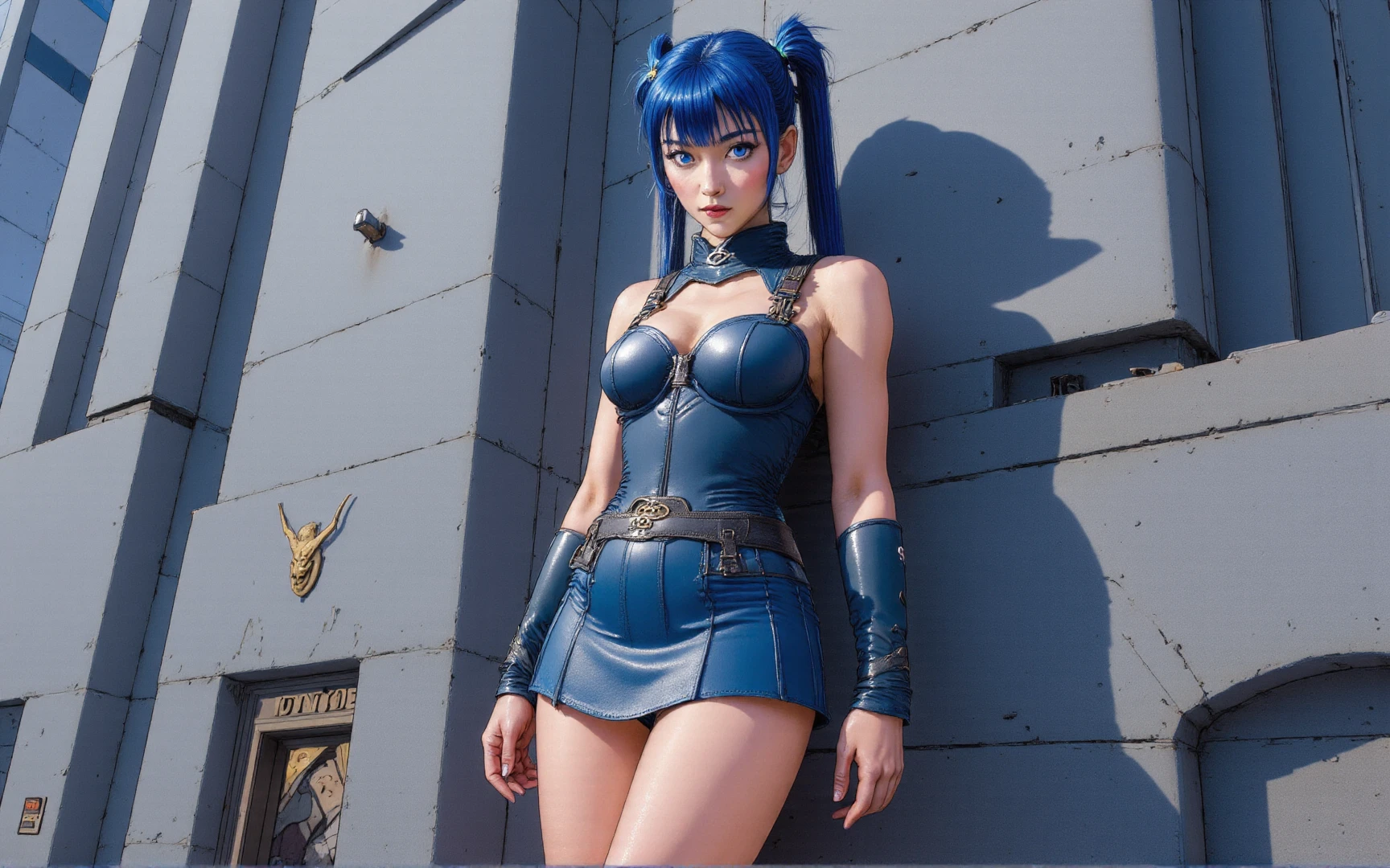 Blue Idoru. A Petite and slender Japanese woman. Dark blue hair in twin-tails. Blue eyes. Light makeup. Dark blue leather corset and pleated leather skirt. High leather boots. Her leather outfit is trimmed with copper metal. She is posing in front of City Hallâdetailed image. Beautiful lighting.  <lora:MoebiusFlux_v1:1.2> art, moebius, moebius-style  <lora:Blue_Idoru_Flux:0.8>