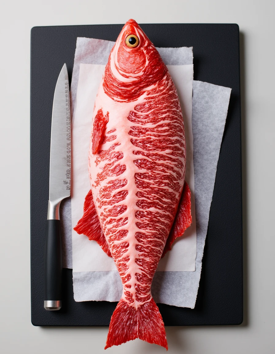 A mackerel fish on a chopping board, but the fish is entirely made of meat. A sushi knife is beside it.