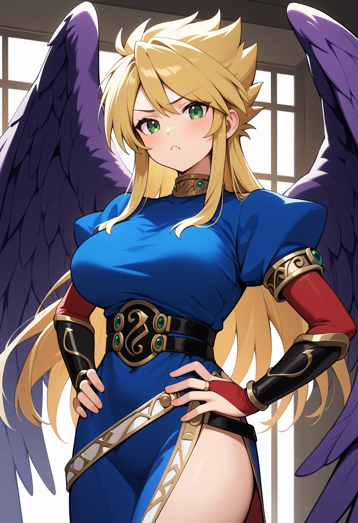 score_9, score_8_up, score_7_up, score_6_up, score_5_up, score_4_up, source_anime, aanina, long hair, blonde hair, green eyes, large breasts, feathered wings, purple wings, blue dress, puffy sleeves, bridal gauntlets, side slit, <lora:nina_bof2_ponyxl_v1:0.9>, pout, hands on own hips, standing, room, indoors,