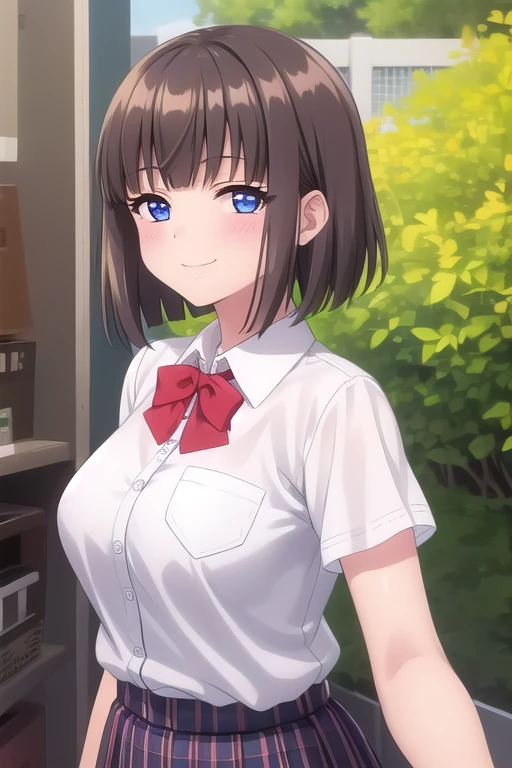 ((masterpiece)),(best quality),official art,extremely delicate and beautiful,extremely detailed CG,unity 8k wallpaper,ultra detailed,beautiful detailed eyes,extremely detailed face,outdoors,1girl,solo,upper body,(portrait:1.5),looking at viewer,facing viewer,smile,Toko Saionji,medium hair,brown hair,shiny hair,bob cut,sidelocks,blunt bangs,blue eyes,school uniform,red bowtie,white shirt,collared shirt,dress shirt,pocket,large breasts,skindentation,short sleeves,miniskirt,green skirt,pleated skirt,plaid skirt,black socks,loafers,<lora:Toko Saionji(hc):1.3>,