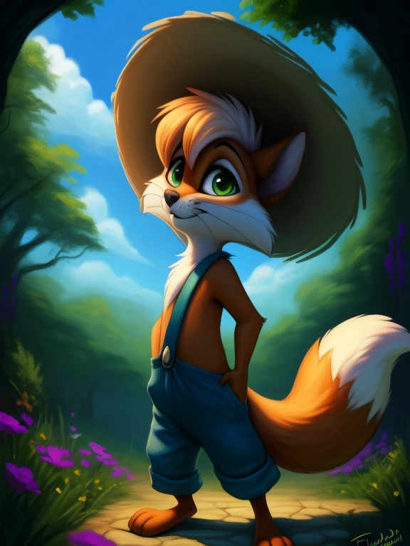 <lora:FoxHucFinDom:1>  FoxHucFin, fox, red fur, green eyes,  white sclera, blue pants with suspenders, no shirt, straw hat,
Looks at the viewer,  ((  standing ,  ))
[ large window, (nature), forest, grass, day shining, clouds, flowers,  candles,](solo focus),
(beautiful, aesthetic, perfect, delicate, intricate, saturated colors), masterpiece, digital drawing, best quality,
by ulitochka, by taran fiddler, by Silverfox5213, by personalami,