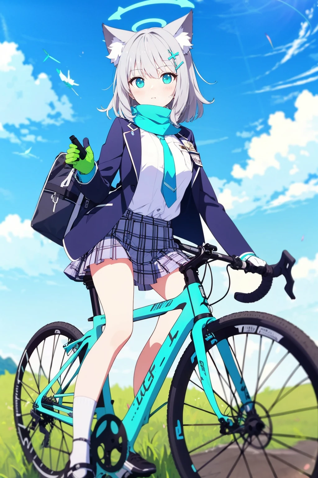 Blue Archive,1girl,shiroko \(blue archive\),bicycle,solo,wolf ears,animal ears,halo,school uniform,scarf,skirt,gloves,grey hair,blue eyes,green gloves,animal ear fluff,jacket,weapon,hair ornament,outdoors,sky,extra ears,cross hair ornament,looking at viewer,blue scarf,rifle,assault rifle,shirt,white shirt,cloud,open clothes,medium hair,long sleeves,necktie,***,plaid skirt,open jacket,mismatched pupils,plaid,pleated skirt,blue sky,riding,parted lips,blue jacket,sig sauer,single glove,bag,blue necktie,