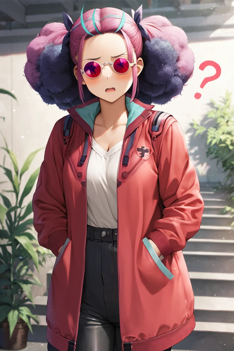 <lora:BazzConcordXL:1:lbw=CHARALL>, BazzConcord, red jacket, sunglasses,
looking at viewer,  
minato aqua, blue hair,pink hair, two-tone hair, 
 :o, confused, looking away, ?,   afro, open mouth,  embarrassed,, (masterpiece),(best quality),extreamly delicate and beautiful,illustration,absurdres, high quality,  anime style illustration,score_9, score_8_up, source_anime,score_9_up,, 1girl, solo,solo_focus,