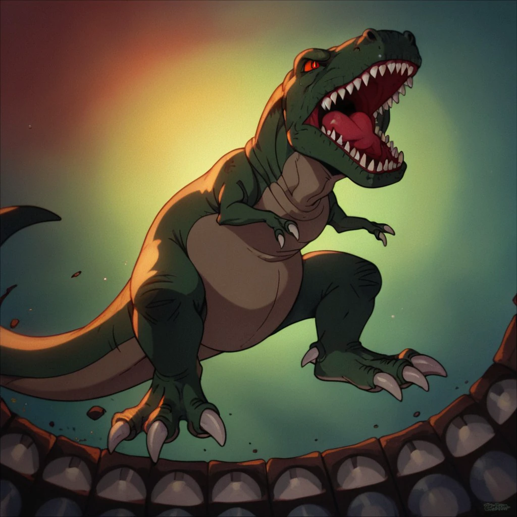 score_9, score_8_up, score_7_up, score_6_up, source_furry, Sharptoothlbt, feral, male, Tyrannosaurus, theropod, dinosaur, scalie, green skin, red eyes, red sclera, crashing through a movie screen, <lora:7c86ed13-2219-466c-a6a8-12d6f34208c0:0.7>