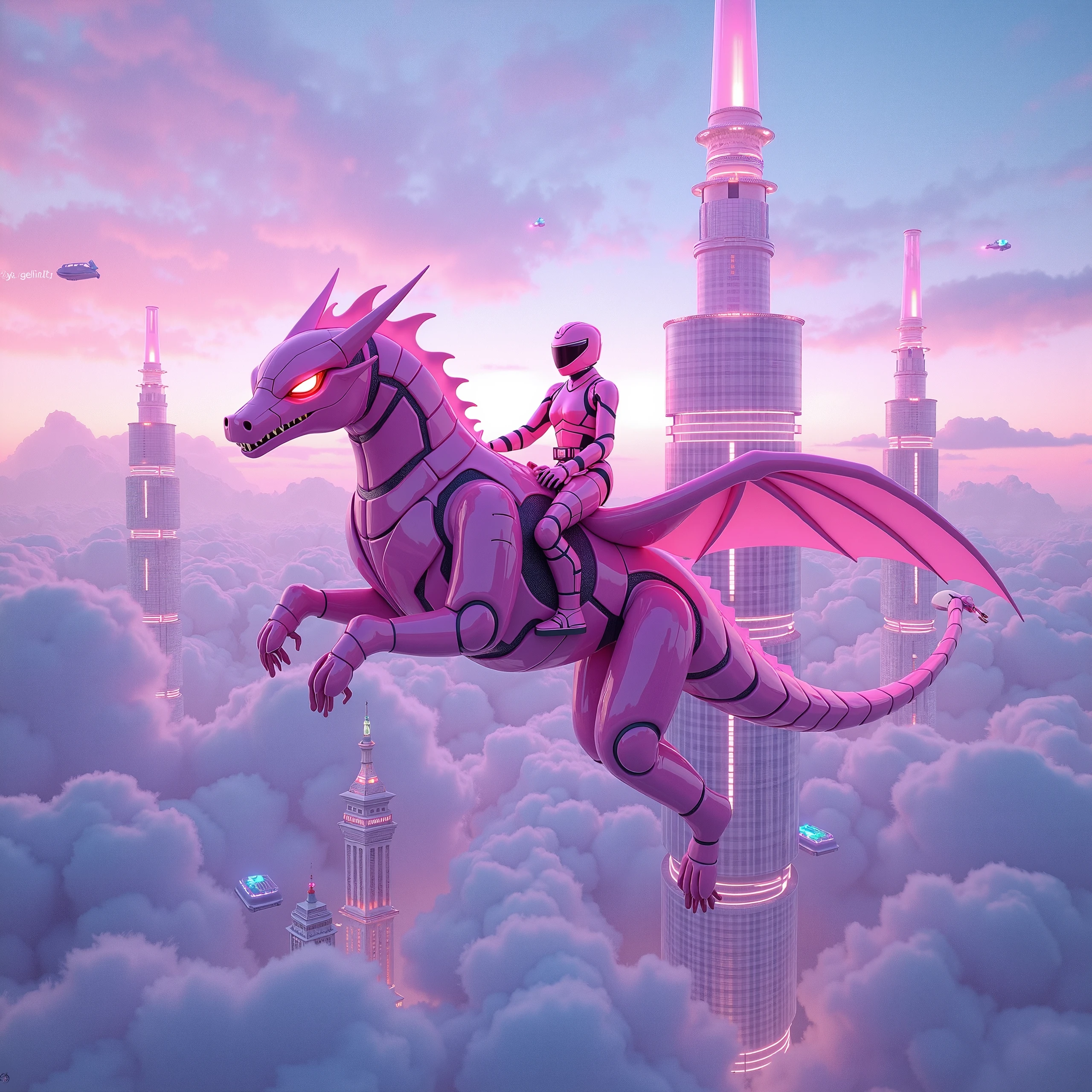 "In a vibrant kaleidoscope sky of purple, blue, and pink, floating futuristic buildings are clearly defined, with sleek, semi-transparent structures that have glowing edges and large windows. Each building is spaced out, floating on distinct platforms, emphasizing their separation and clarity. The buildings feature tall spires and terraces, with bioluminescent gardens gently illuminated. Translucent bridges of light connect some of the structures, but the overall scene is less crowded, allowing each building to stand out against the colorful sky. Hovercraft move quietly between the buildings, trailing pixelated stardust, while the background maintains its ethereal, cloud-filled atmosphere."

score_9, score_8_up, score_7_up, the pink power ranger riding a huge robotic pink dragon, sky, flying, <lora:dragonriderpxl:0.4>, dragonriderpxl, motion, action shot, best quality, masterpiece, above the clouds, above cyberpunk city, helmet, power rangers, robot dragon, Kimberly Hart