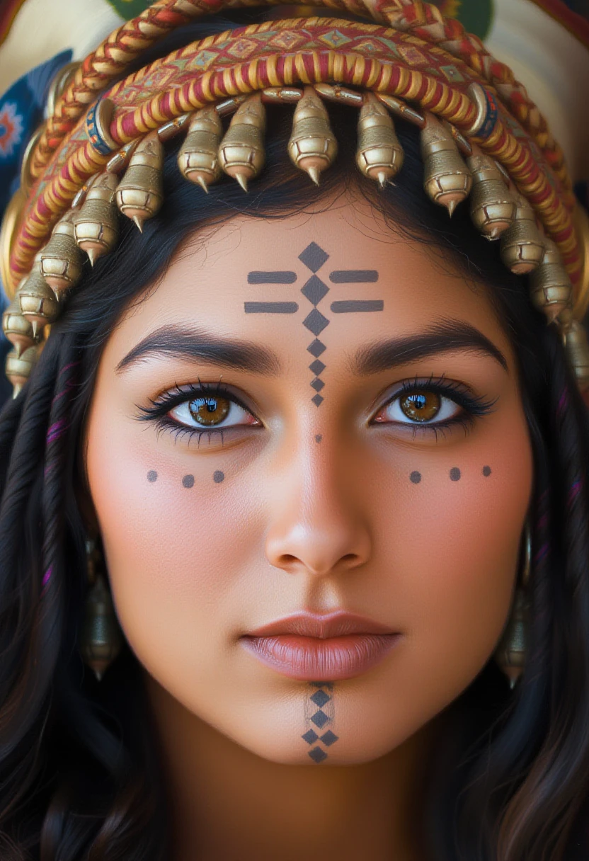 A striking portrait of a woman with deep, soulful brown eyes and long, dark wavy hair, adorned with tasfift headress. Her face  is intricately decorated with usham tribal tattoos, featuring dots on her sheeks and geometric patterns on her forehead lines on chin   .  ,Usham,pavsok style