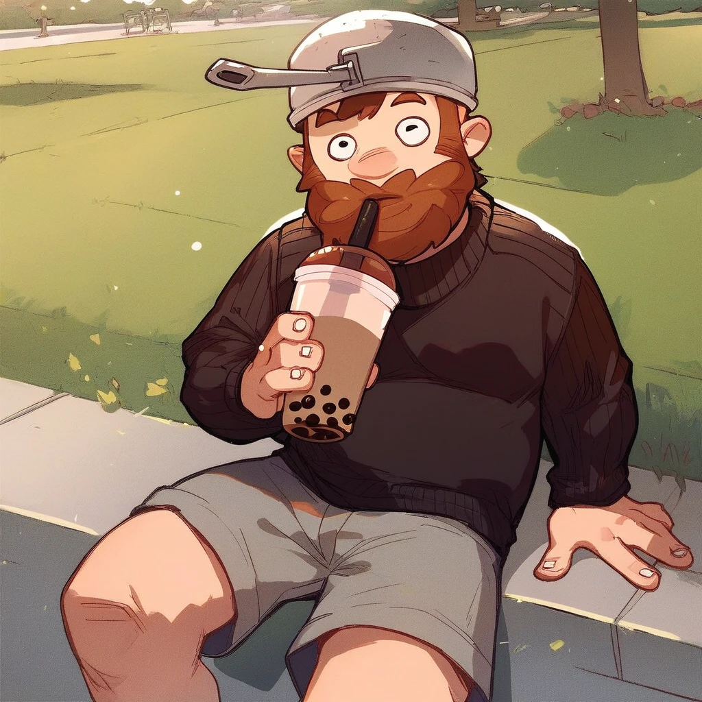 score_9_up, score_8_up, score_7_up, mikus-dave, brown hair, brown beard, frying pan on head, 1boy, solo, black sweater, gray shorts, park, holding, bubble tea